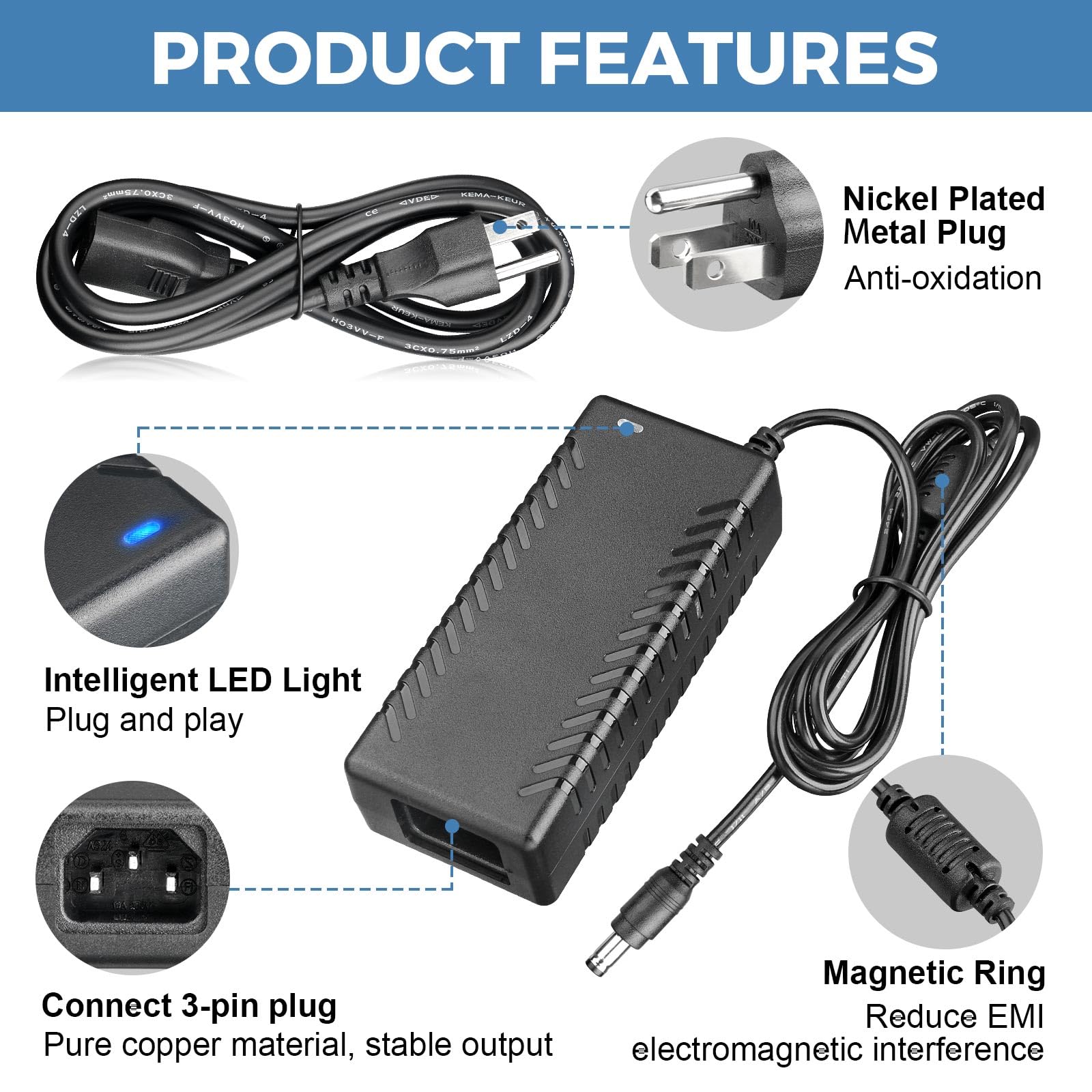 12V 4A 48W Netzteil AC/DC Adapter AC 100-240V auf DC 12V Konverter 12 Volt 4 Amp Power Transformer mit 5,5 x 2,5 mm Ausgangsbuchse für LED Strip Modul Licht