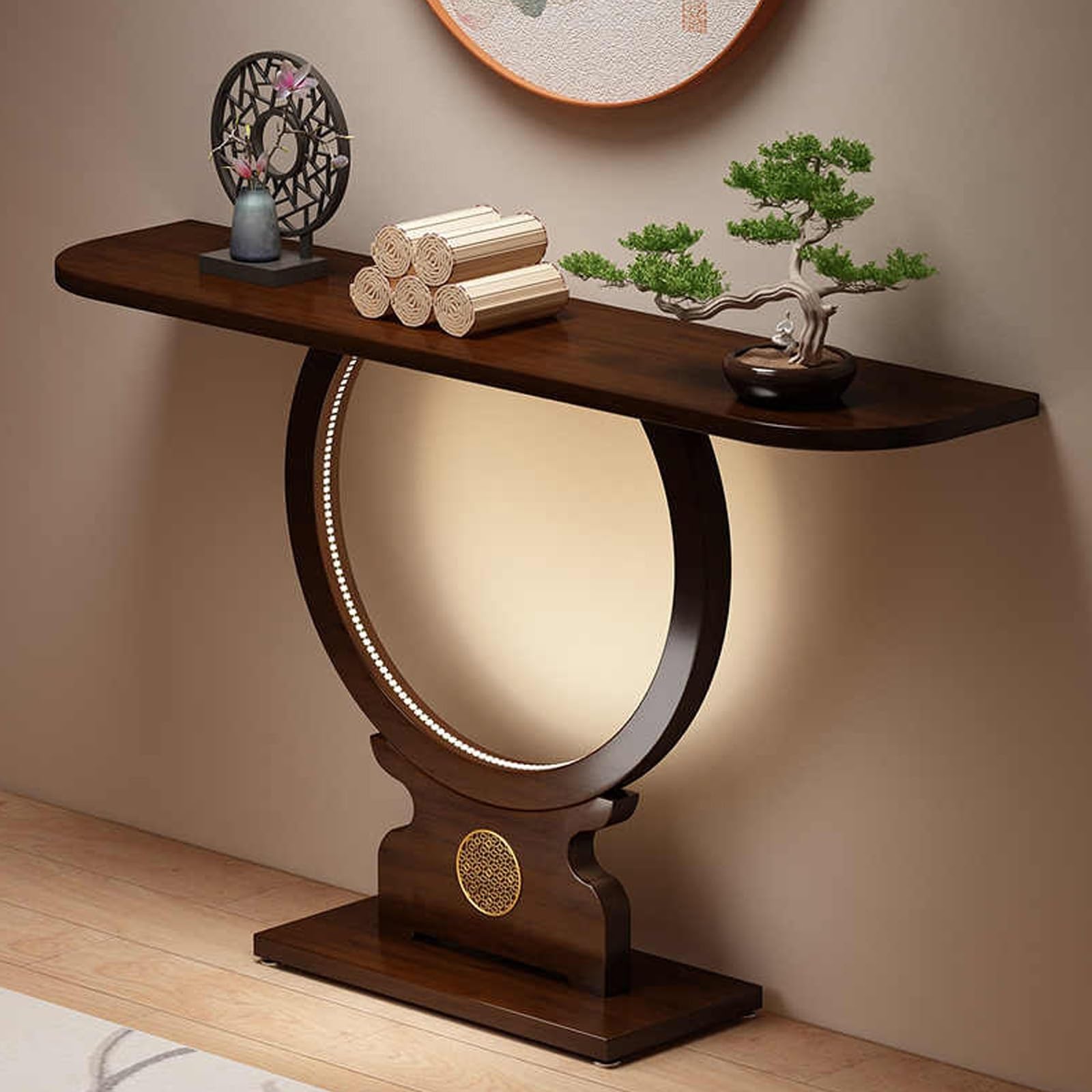 Consola LED estilo granja de bambú de 80 cm mesa de pasillo contemporánea y solución almacenamiento