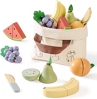 ROBOTIME Wooden Play Food Cutting Fruit Set, Pretend Play Toy Food for Play Kitchen with Shopping Bag – Kids Kitchen Accessories, Wooden Fruit Toys for Kids Boys Girls