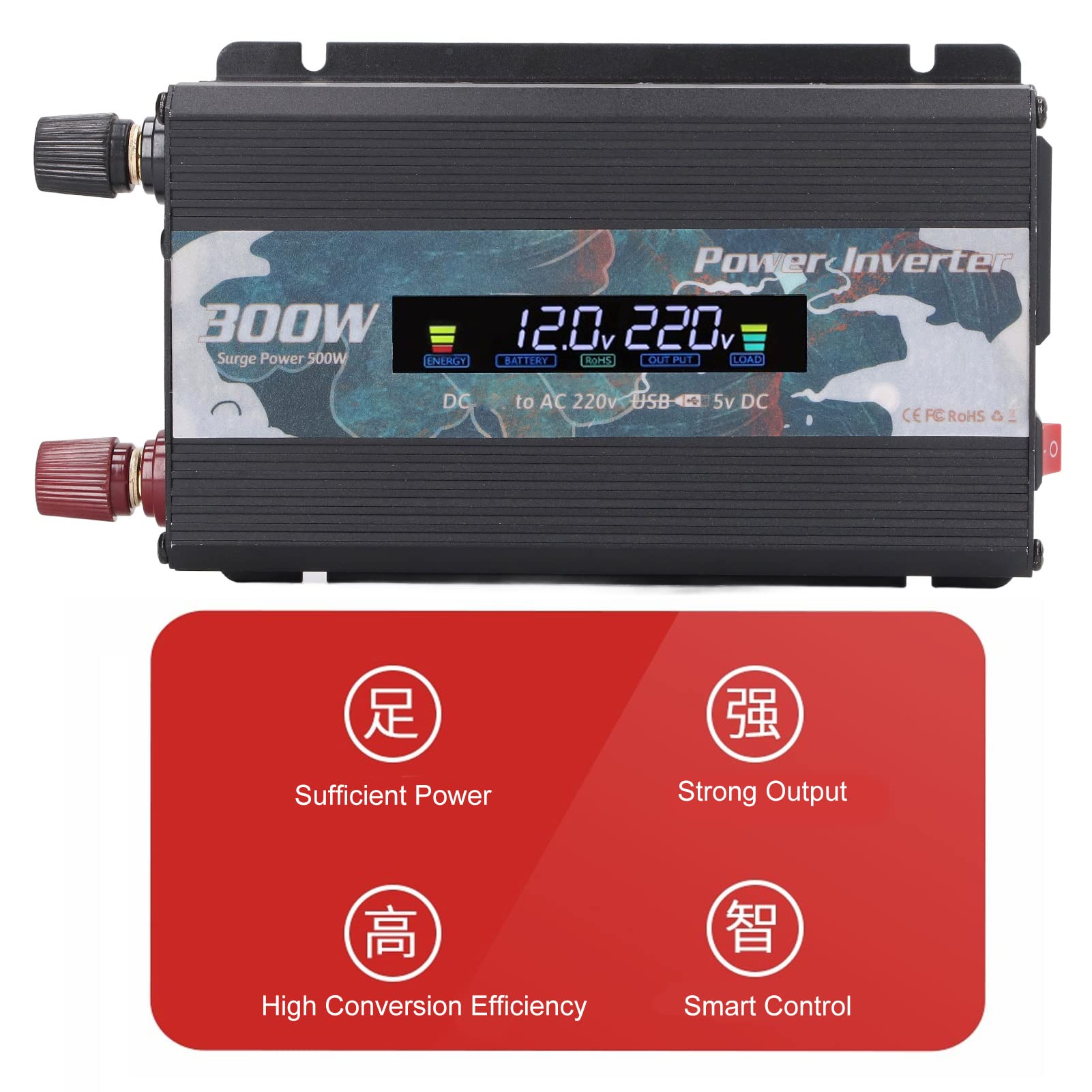 Garosa Przetwornica Napięcia Samochodu 300 W Przetwornica Sinusoidalna ze Stopu Aluminium AC 220 V 50 Hz z Wyświetlaczem LCD 2 A USB Moc Szczytowa 500 W do Podróży Samochodem Podróże Samochodowe