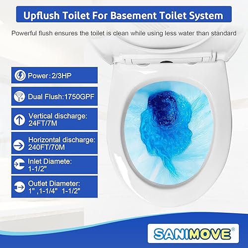 Miniatura 6 de Sanimove Inodoro moderno macerador de 700 vatios con bomba de 3 piezas de sistema de inodoro empotrado para sótano inodoro redondo con tanque de