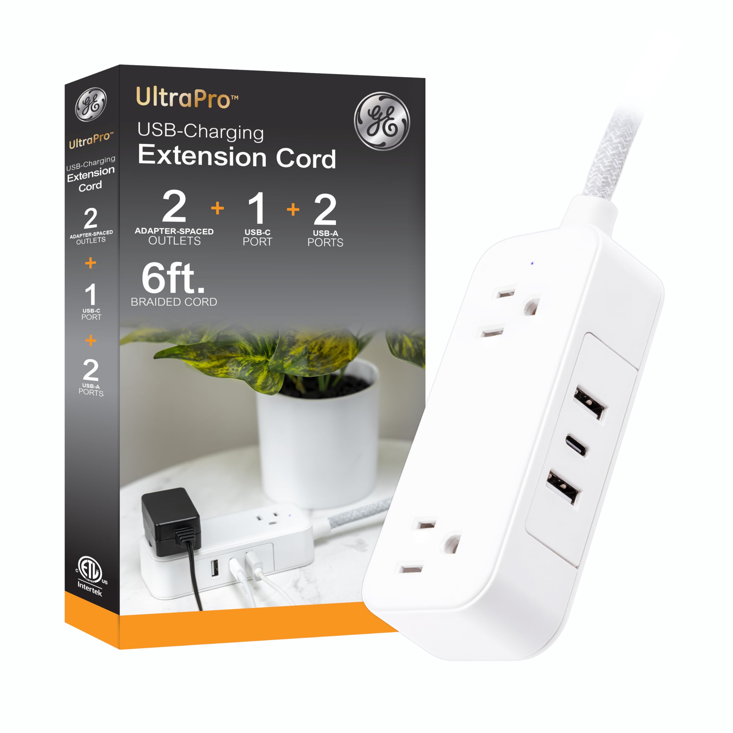 GE Flat Plug Power Strip Extension Cord with USB Ports, Travel Power Strip with 2 Outlets 3 USB Ports, Cruise Ship Essentials, 6 Ft Braided Small Extension Cord Flat Wall Plug, ETL Listed White, 81597