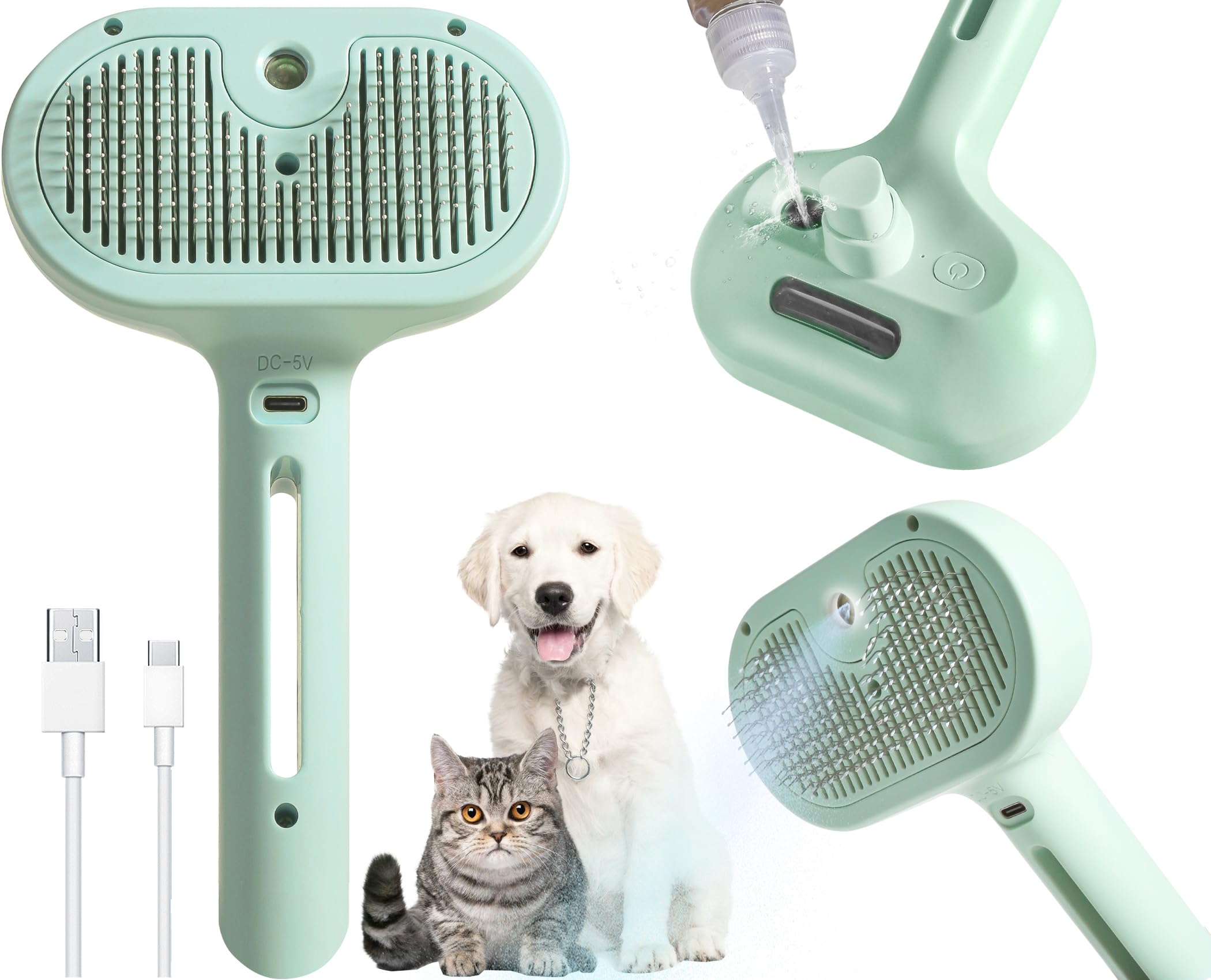 Cepillo para gatos en aerosol 2 en 1 para desprendimiento, peine de eliminación de pelo de mascotas con tanque de agua y botón de liberación, cepillo de vapor para gatos/perros, cepillo de baño para