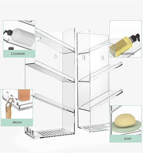 Miniatura 5 de Estantes de ducha de acrílico, adhesivo con guía de agua, paquete de 2 organizadores de ducha transparente, estantes de ducha montados en la pared,