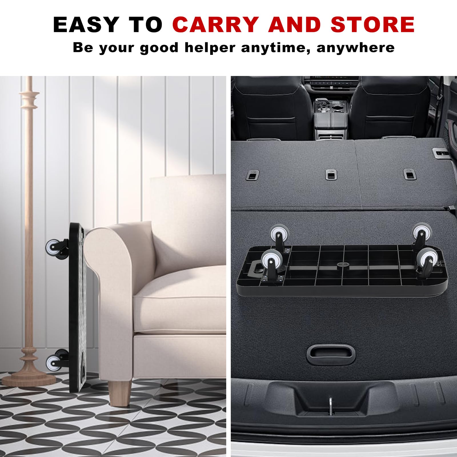 Carretilla de mano plegable, carrito de equipaje resistente de 600 libras, carrito de plataforma utilitaria de 29 x 16 pulgadas con 4 ruedas TPR y 2 cuerdas elásticas para mudanza, compras, uso de