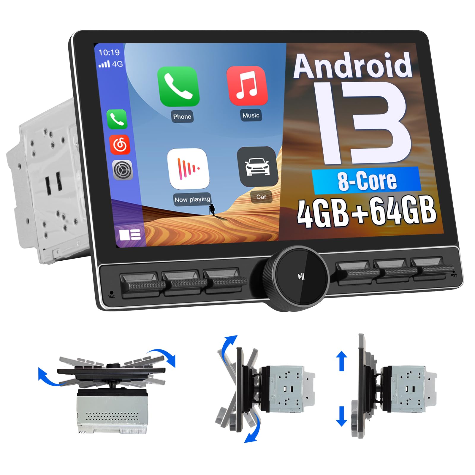 Pyniro Android 13 8-Core 4GB+64GB Double Din Car Stereo, 10.6 Inch Detachable Floating Touchscreen Car Radio with Wireless Carplay & Android Auto/Mirror Link/WiFi/4G/FM/USB, Support SWC/Backup Camera