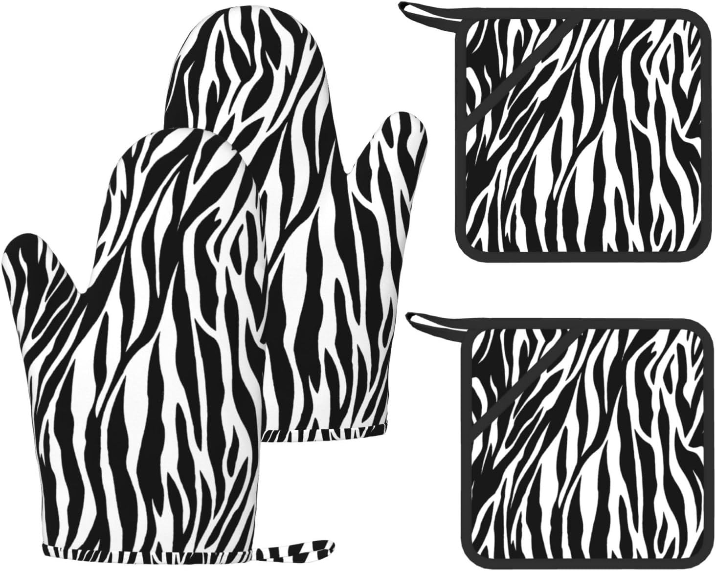 Zebra Print Oven Mitts and Pot Holders Set of 4 Heat Resistant Kitchen Gloves with Silicone Palm Hot Pads for Baking Cooking Grilling BBQ
