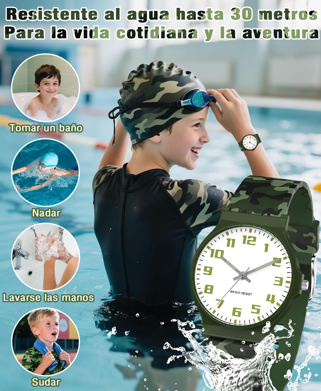 SOCICO Reloj Infantil analógico Minimalista con Estampado de Camuflaje, Reloj Deportivo Resistente al Agua para niños de 5 a 15 años, fácil de Leer para niños y niñas