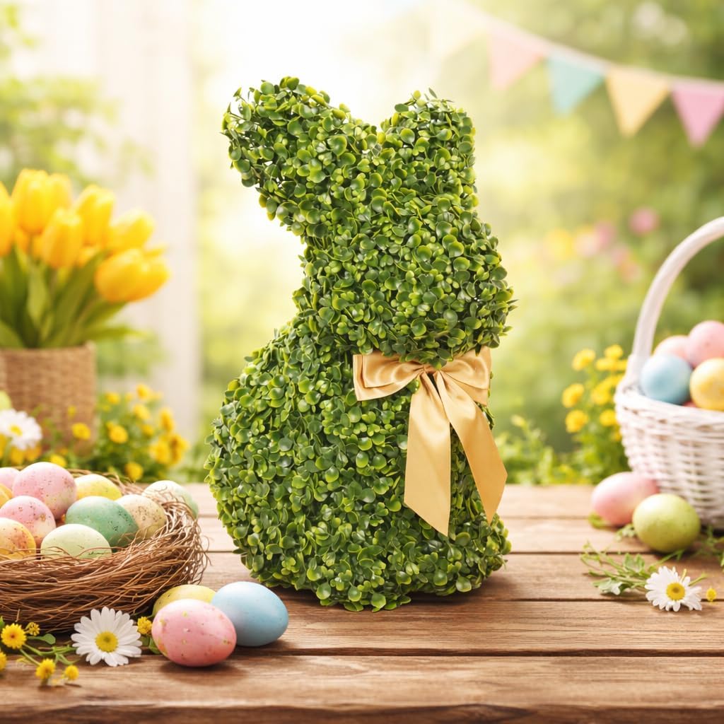 Artificial Bunny Topiary Rabbit Charlie, Faux Boxwood Bunny Statue for Easter & Garden, Elegant Standing Greenery Animal Figurine, Weather Resistant Decorative Shrub for Patio