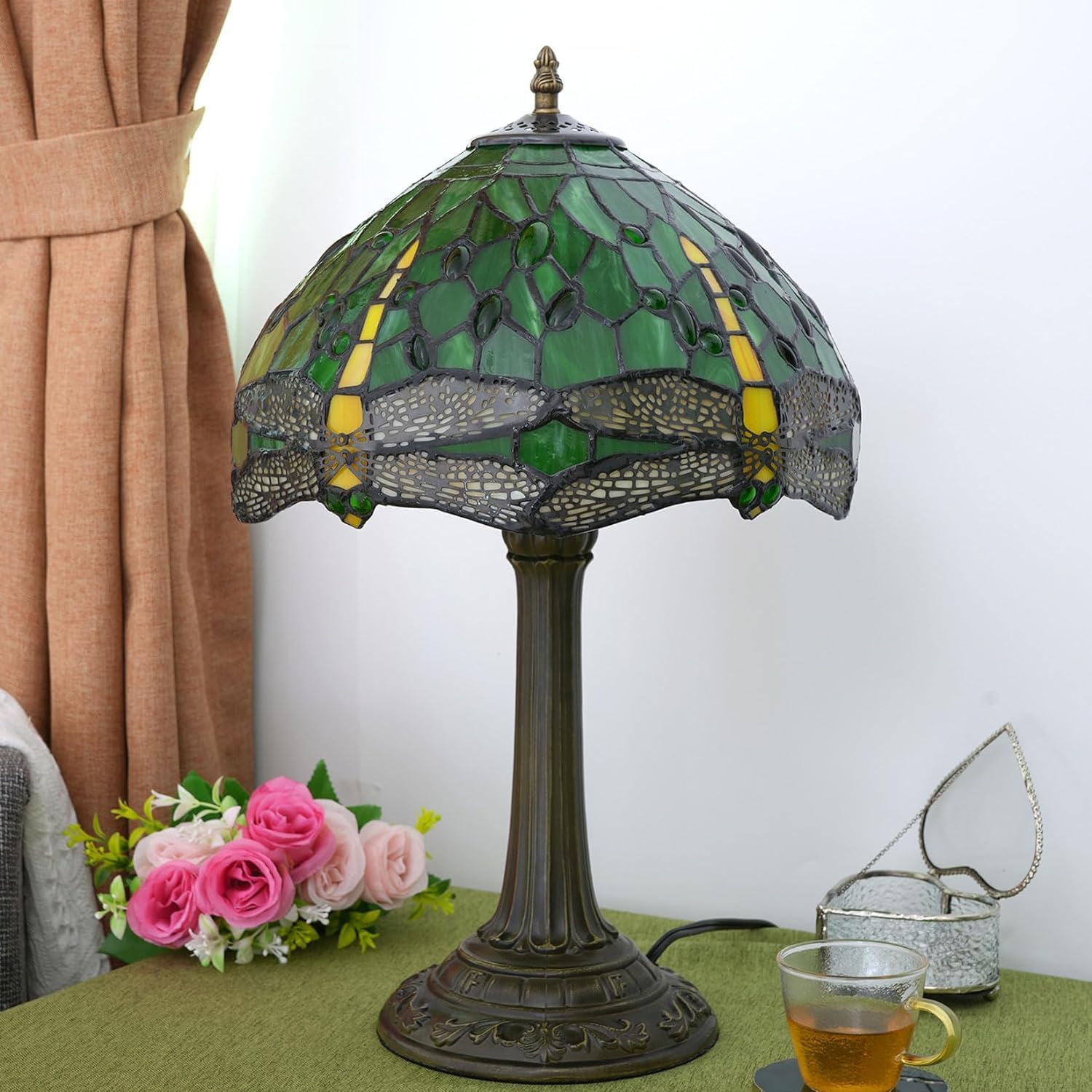 Lampa w stylu Tiffany'ego Witraż w stylu ważki Lampka nocna na biurko Lampka do czytania Wystrój Kochanka Dziewczyna Szafka nocna Sypialnia Salon Biuro w domu Komoda na biurko W12XH19 cali (i)