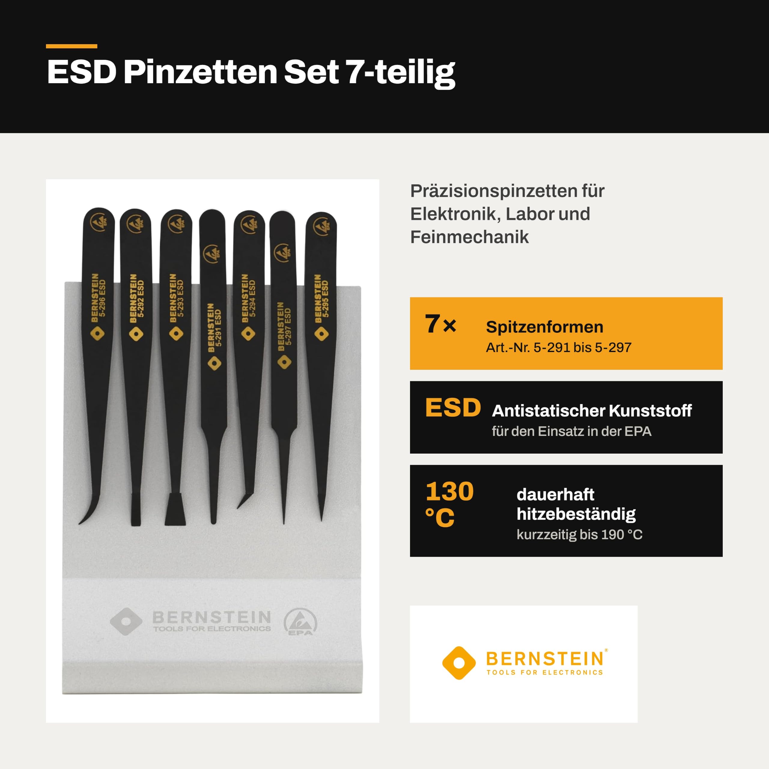 Bernstein ESD Set di 7 pinzette in plastica antistatica, pinzette di precisione per applicazioni di elettronica e laboratorio con supporto, pinzette a punta