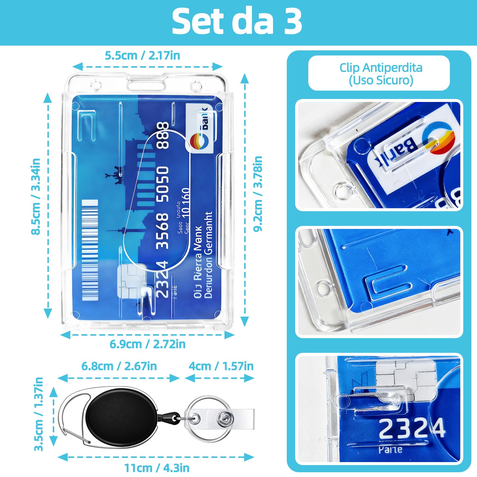 Porta Badge con Portachiavi Retrattile 3 Pezzi, Plastica PC Extra Spesso Trasparente