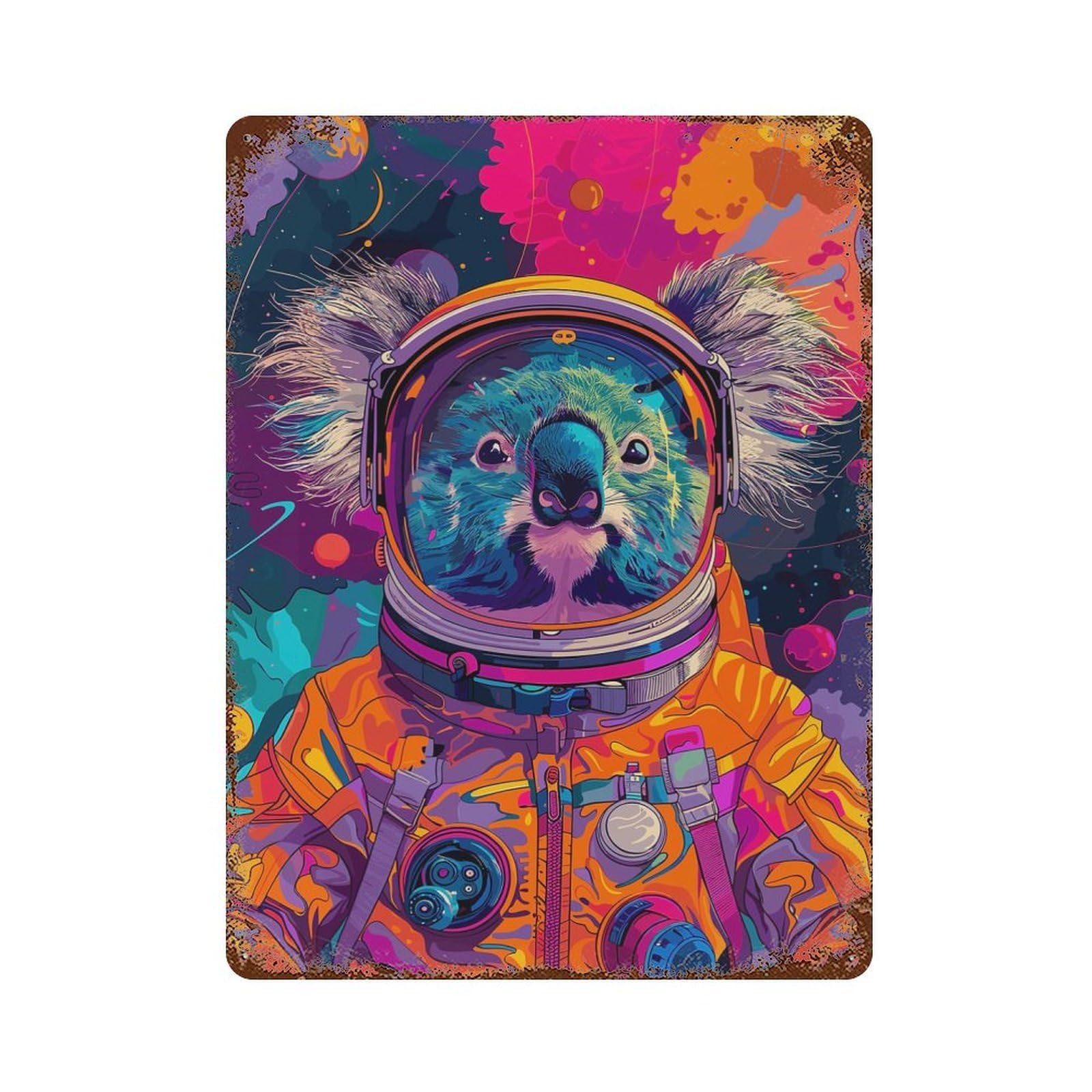 Rust Effect Astronaut Space Koala Weathered Tin Sign 15.7"x11.8", Retro Wall Decor for Garage, Bar And Workshop Decor