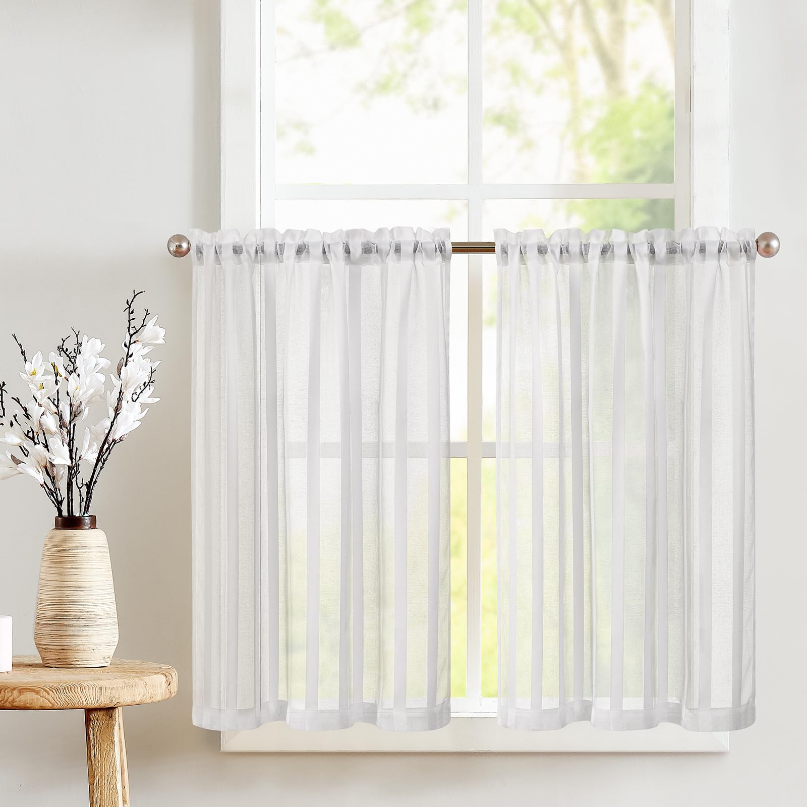 TOPICK Sheer Scheibengardinen Weiß H 115 x B 90 (cm) 2er Set mit Tunnelzug Transparent Bistrogadine Landhaus Streifen Voile Küchenvorhang Gestreift Küchengardinen Paarig für Badezimmer Klein Fenster