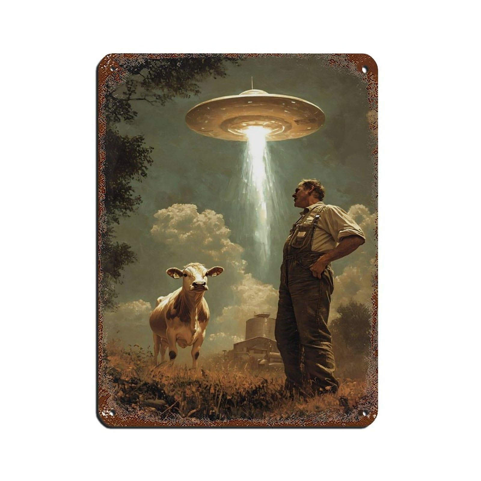 Surreal Cow Pasture Scene Poster Retro Poster Metal Tin Sign Chic Art Retro Iron Painting Bar People Cave Cafe Family Garage Poster Wall Decoration 12x16inch(30x40cm)