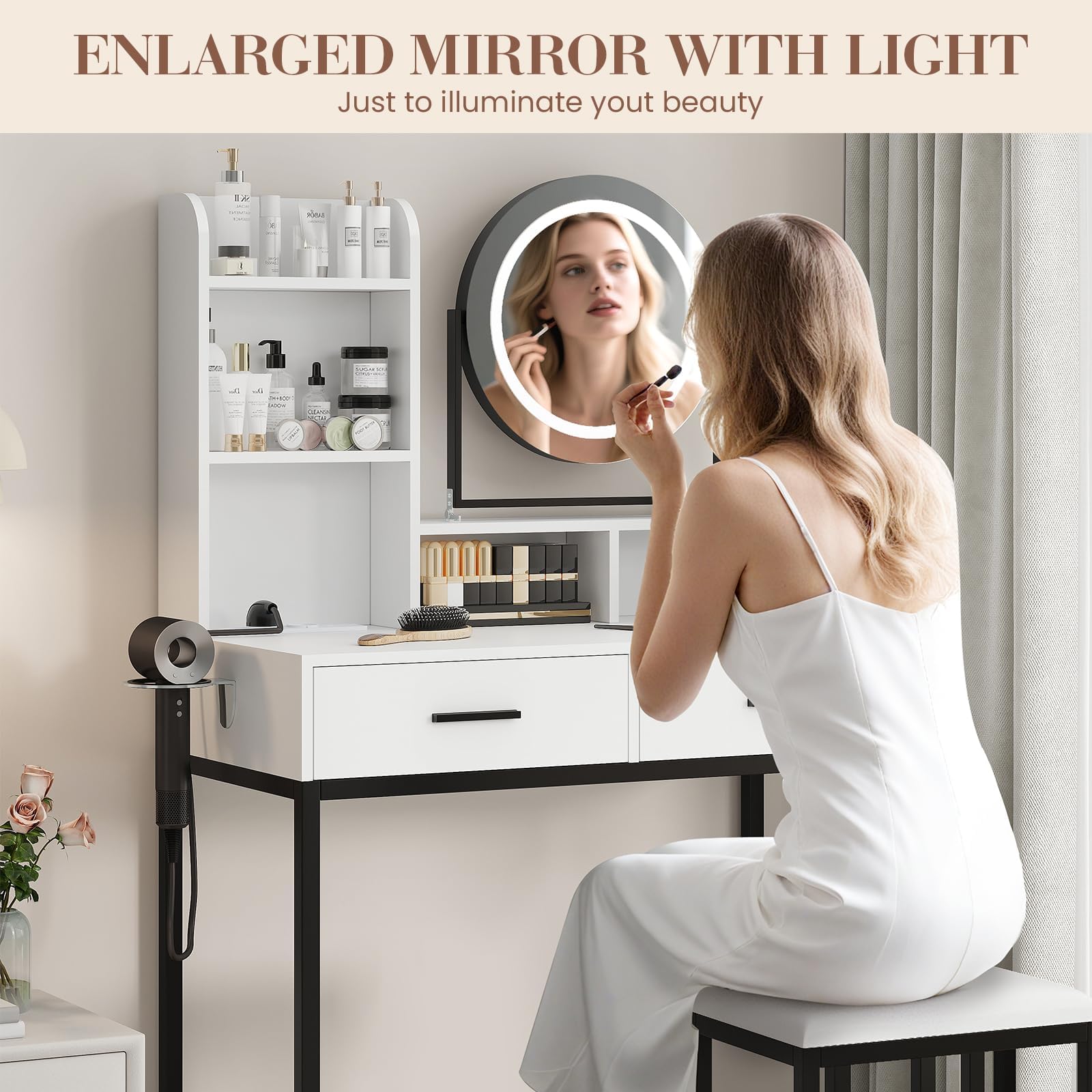 Coiffeuse avec Miroir et Tabouret, Éclairage LED Réglable | 3 Couleurs