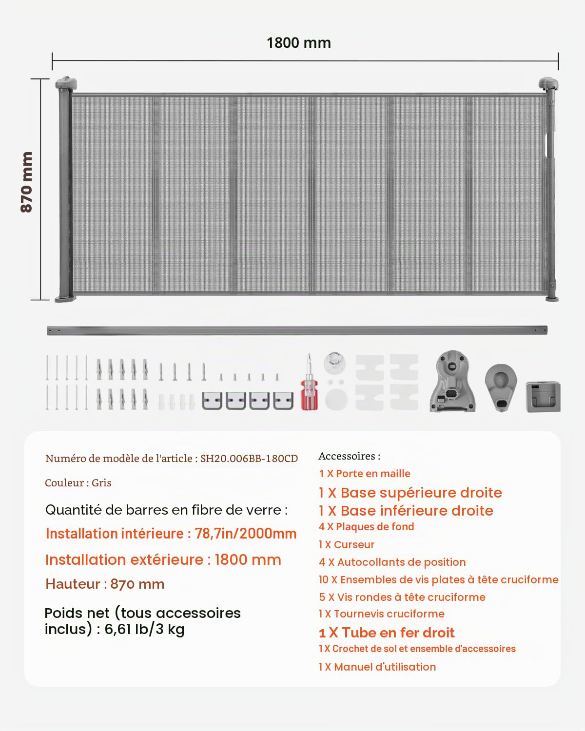 VEVOR Barrière de Sécurité Extensible Jusqu’à 180 cm Hauteur 87 cm, Barrière Rétractable pour Animaux de Compagnie, Clôtures en Mailles, Installation Facile, pour Chiens Couloir Escalier Porte, Gris