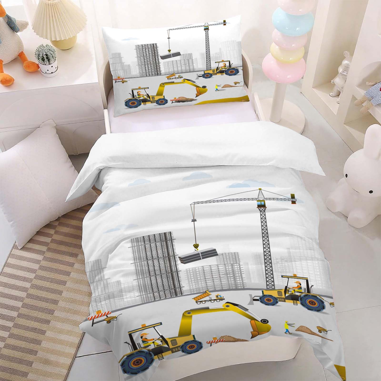HOMHOMHA Cot Bed Duvet Cover Set -Realistic Digger Toddler Duvet and Pillow Set- Soft Microfibre Toddler Bedding for Boys Nursery Kids Room -120x150 cm & 40x60 cm Pillowcase