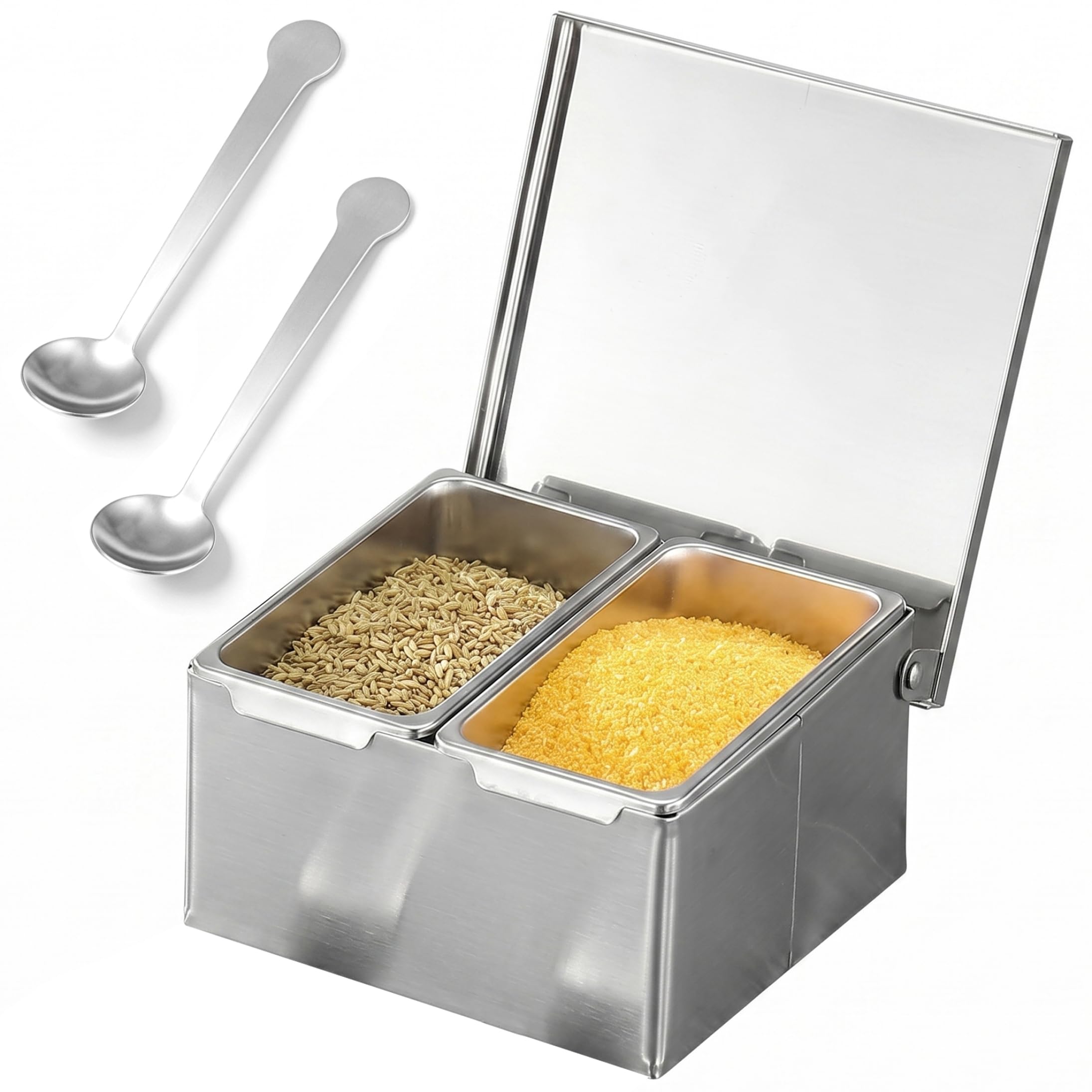 Monwssoe Spice Racks, Ingredient Container, Stainless Steel Pizza Topping Station with Spoon, Removable Compartment Ingredient Container with Flip Lid, 2 Grid