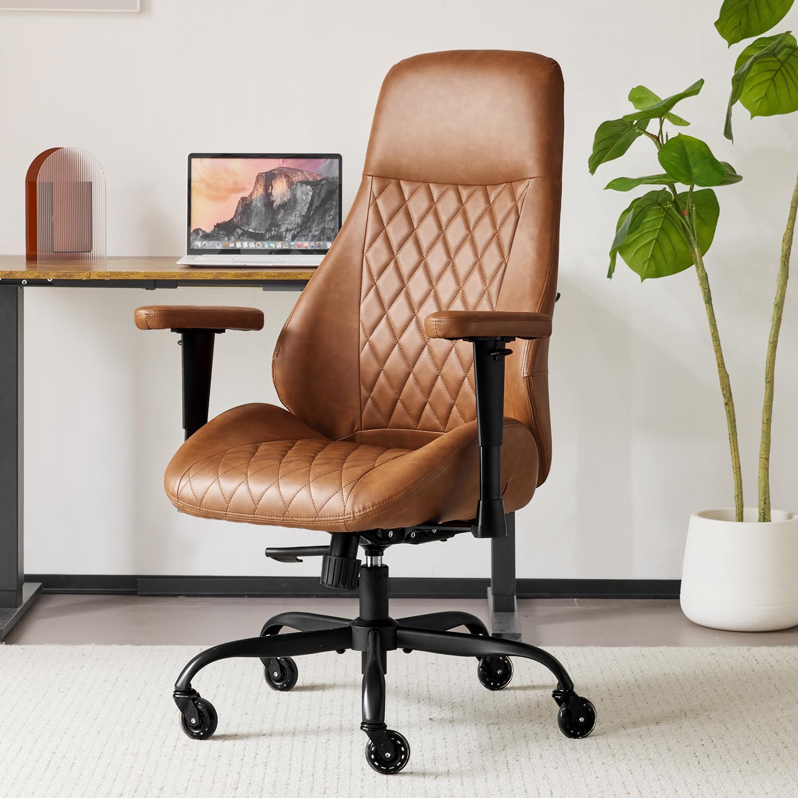 YFO Home Office Desk Chair High Back Office Rubber Casters Ergonomic Computer Chair with Lumbar Support Adjustable Height Rolling Swivel Chair Executive Task Armrests， Brown Leather