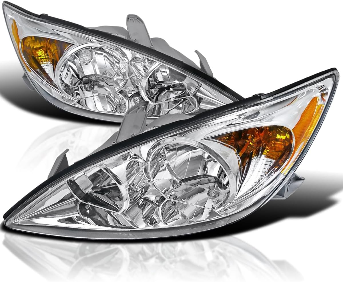 SPEC-D TUNING Chrome Housing Clear Lens Headlights Compatible with 2002-2004 Toyota Camry L+R Pair Head Light Lamp Assembly