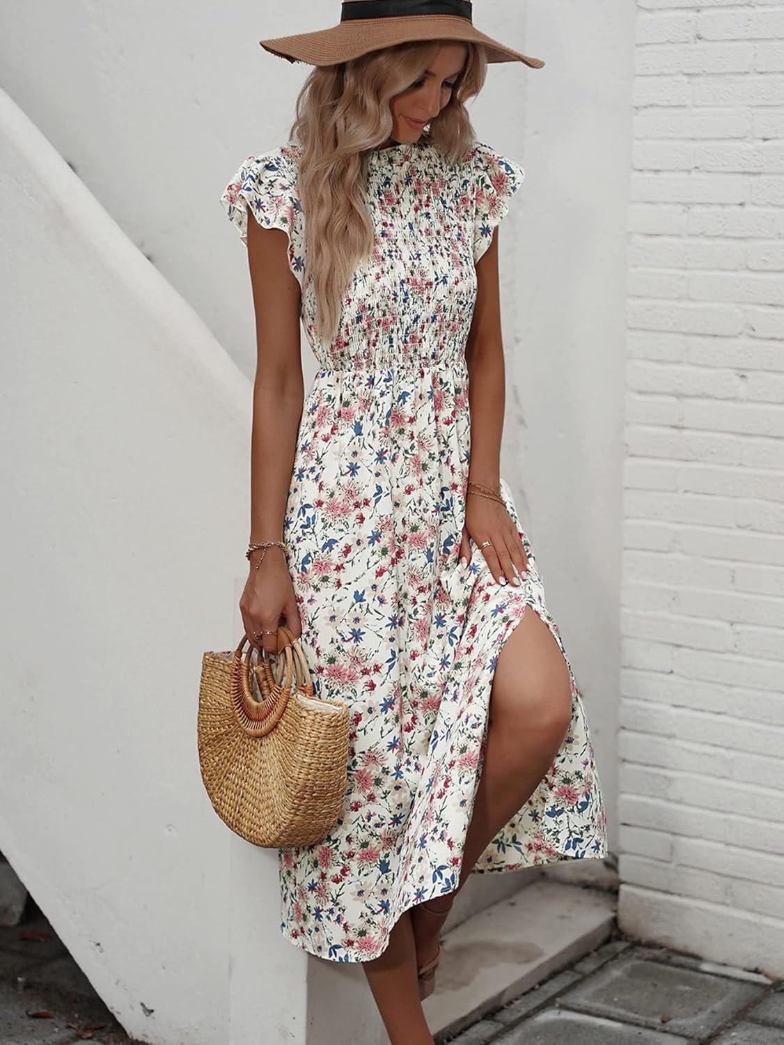 Milumia Women's Ditsy Floral Tie Neck Ruffle Hem Smocked Cap Sleeve Flowy Midi Dress - Image 4