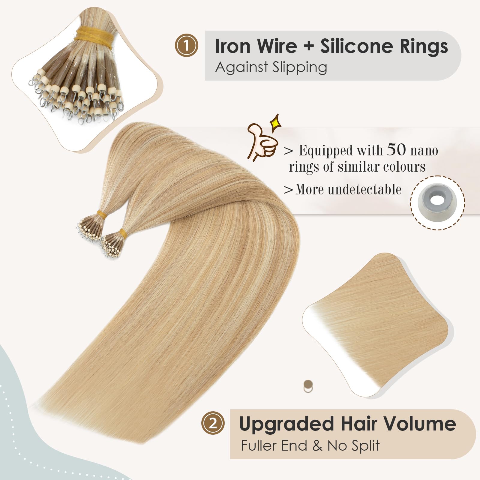 Elailite Nano Beads Extension Real Human Hair 50 Strands 50g Cold Fusion With Nano Ring Remy Hair Straight Highlighted (#18/613 Ash Blonde Mix Bleach Blonde - Image 3