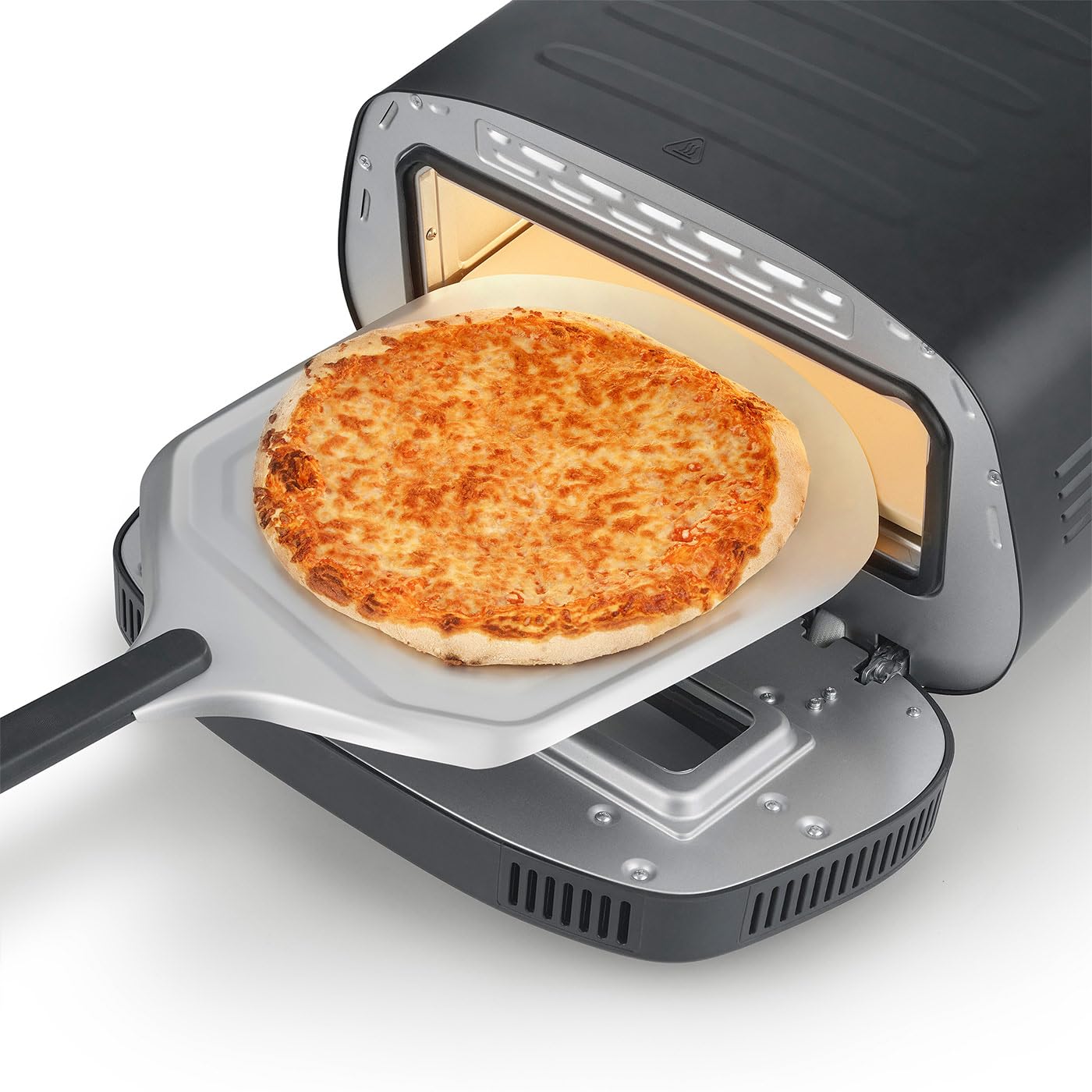 CASO PizzaChef 430° - Forno pizza elettrico per pizza italiana perfetta in soli 3 minuti, Termostato regolabile 80-430°C, Ricettario e Pala inclusi, Struttura in acciaio inox - colore nero