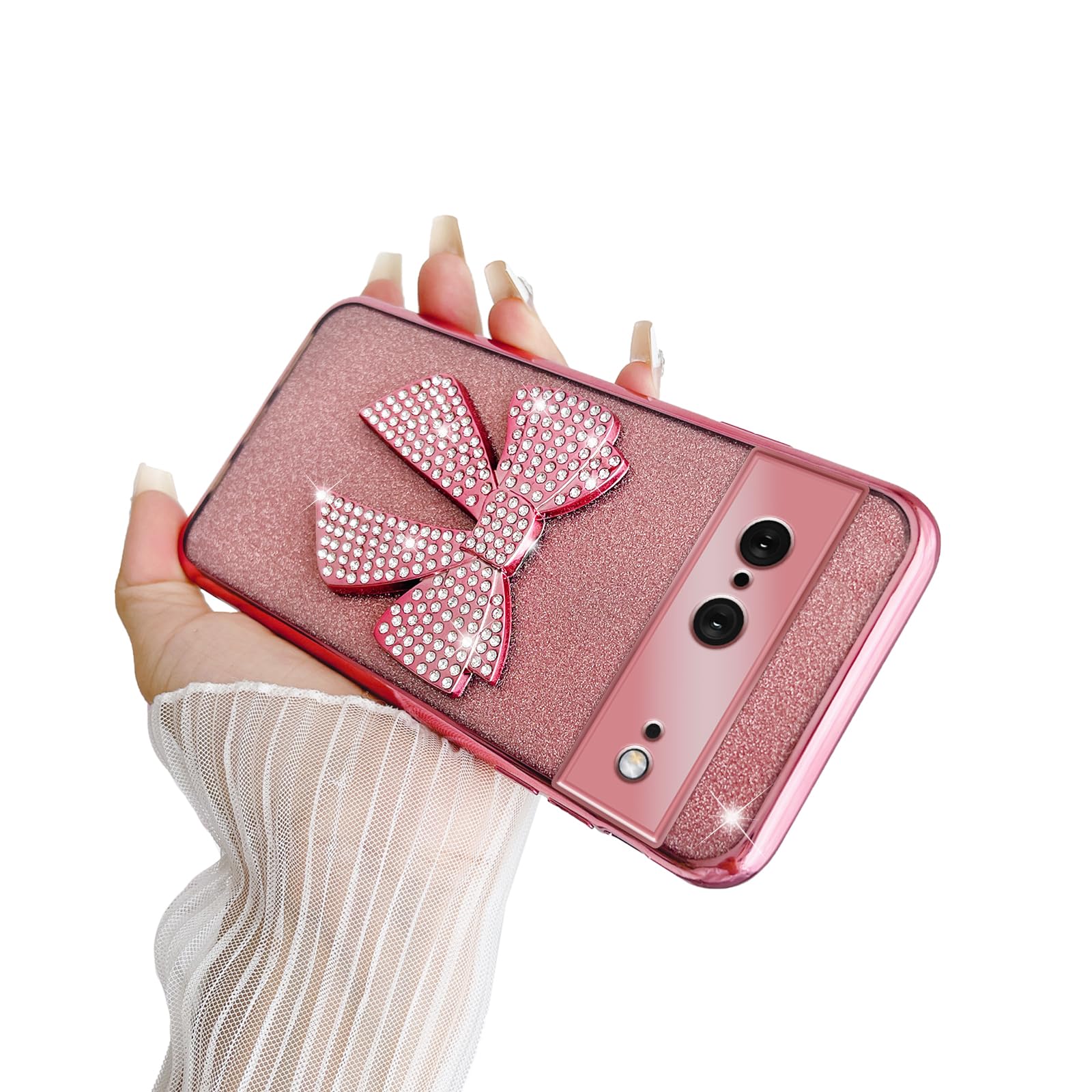 Schutzhülle Für Google Pixel 7 Mit Glitzer & 3D-Blumen – Handgelenkschlaufe, Rosa, Für Damen & Mädchen