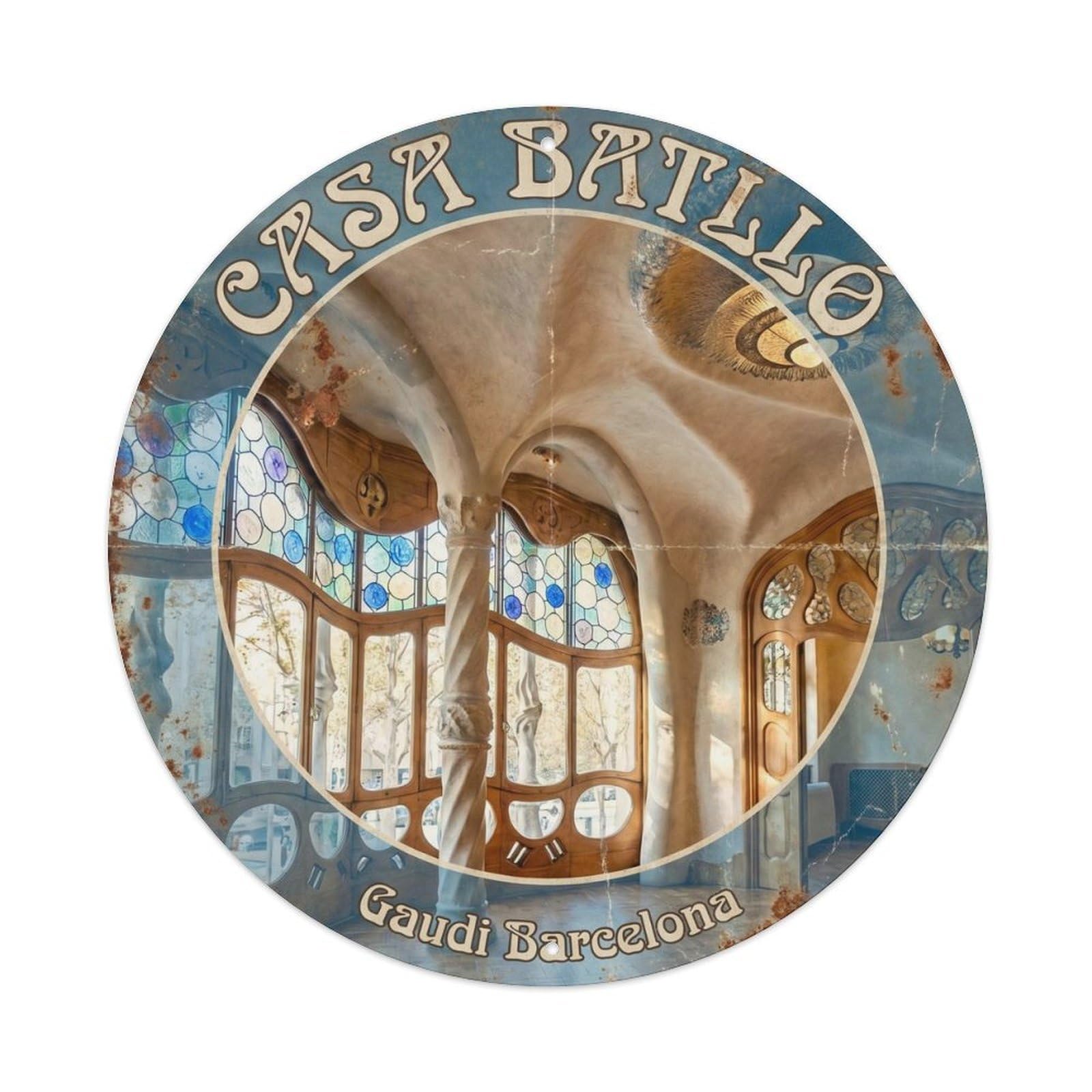 Barcelona Modernist Interior Landmark Vintage Spain Travel Metal Tin Sign Plaque Wall Decor for Cafe, Man Cave, Club Bar, Office, Home Garden Round Metal Poster 8x8Inch