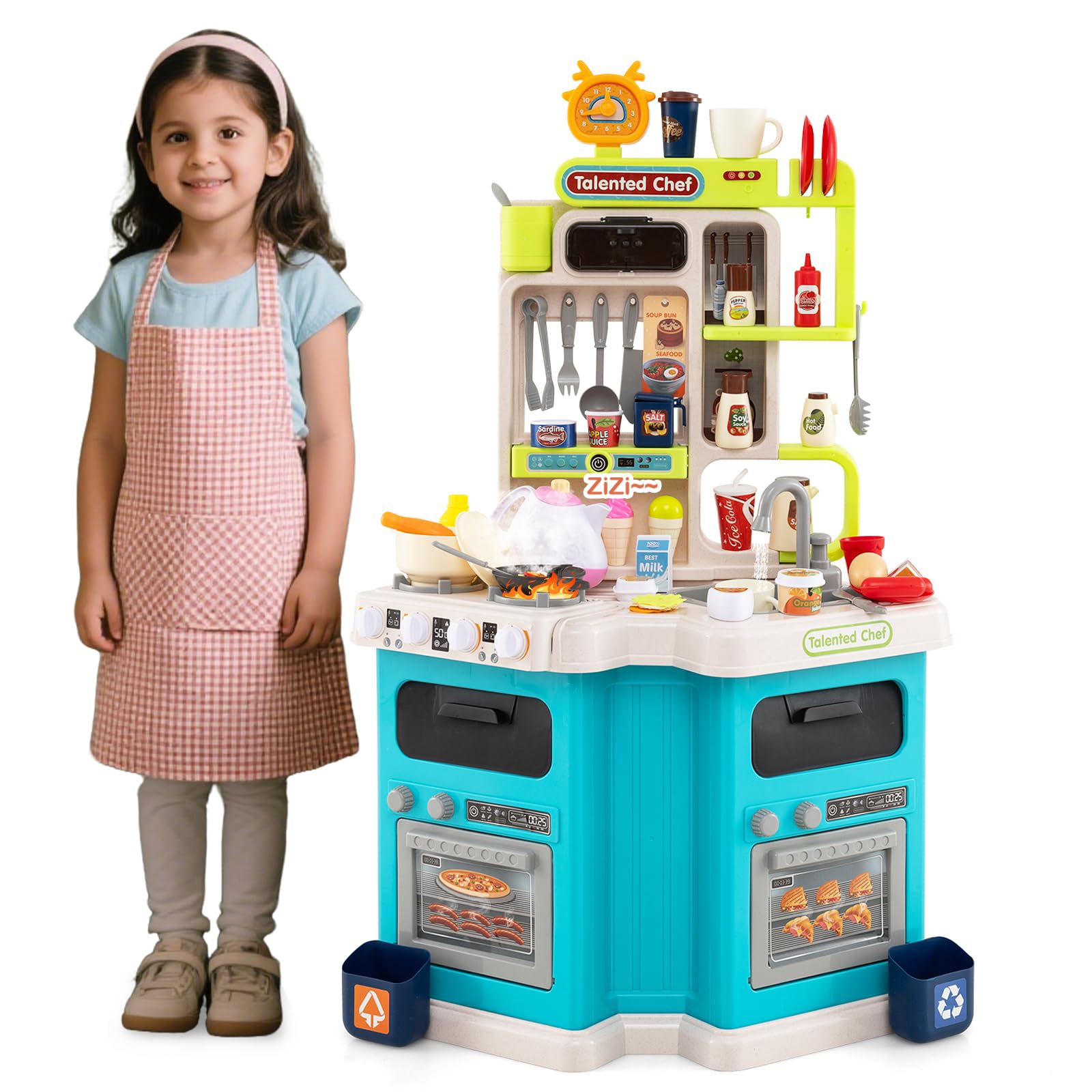 HOMASIS Cucina Giocattolo con Suoni e Luci, Gioco di Ruolo da Cucina con 75 PCS, Fornello con Acqua Vapore, Rubinetto con Acqua e Lavello, Cucinetta per Bambini da 3+ Anni (Blu)