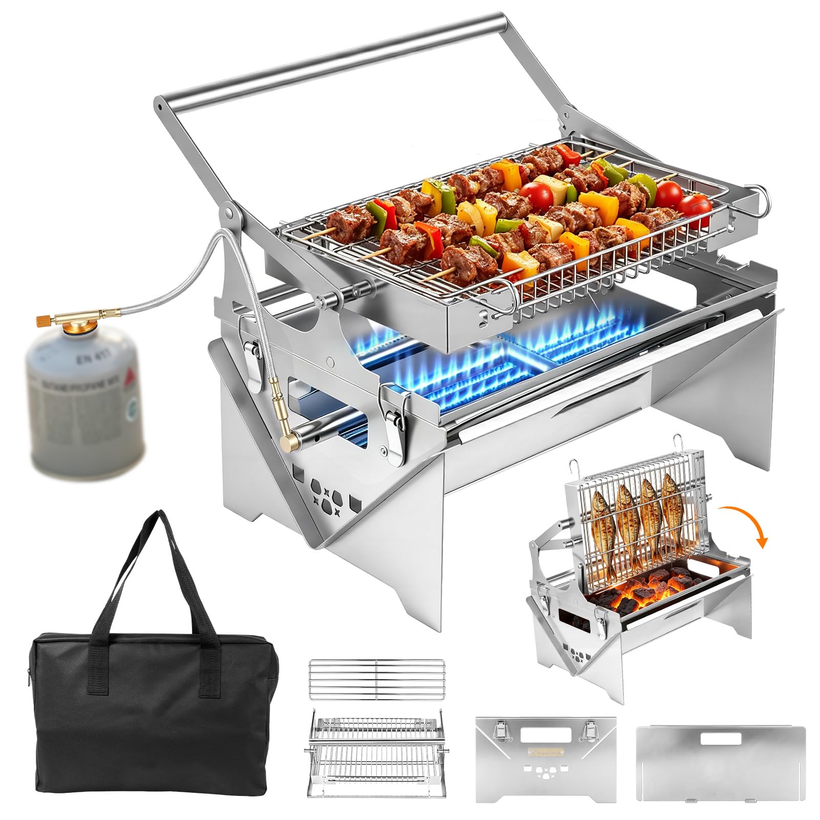 Camping Gasgrill Faltgrill Klein Grill Gas 180° Umdrehen | Mobiler Kleiner Steck Campinggrill Faltbarer Steckgrill für Grillen Kochen Festival Balkon Outdoor