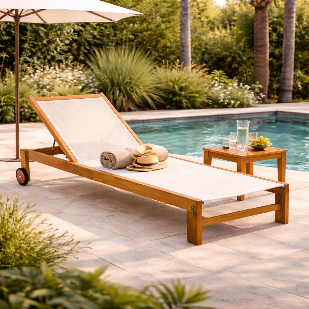 Set 2 Lettini Prendisole in Legno Teak con Ruote JAVA | Sdraio Giardino Reclinabile 4 Posizioni con Tela Traspirante | Lettini Piscina Outdoor Premium | (Beige)