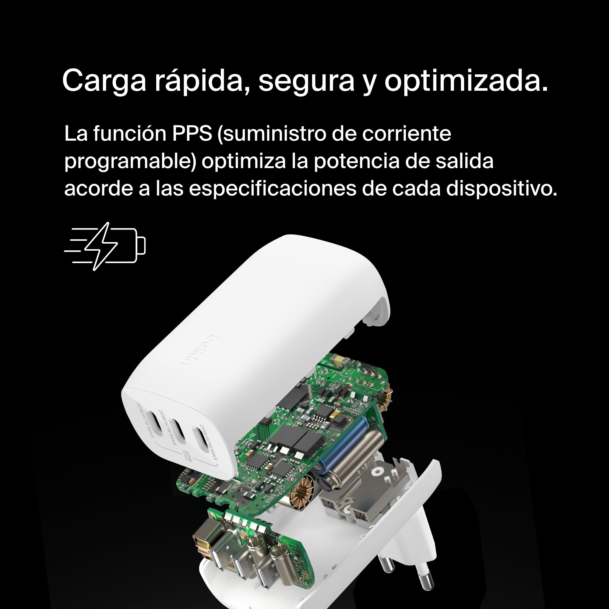 Belkin Cargador de Pared con 3 Puertos USB-C y PPS a 67 W BoostcCharge Pro, Carga rápida USB-C PD 3.1 para la Serie iPhone 16, 15, MacBook Pro, AirPods, Galaxy y Otros con Power Delivery, Blanco