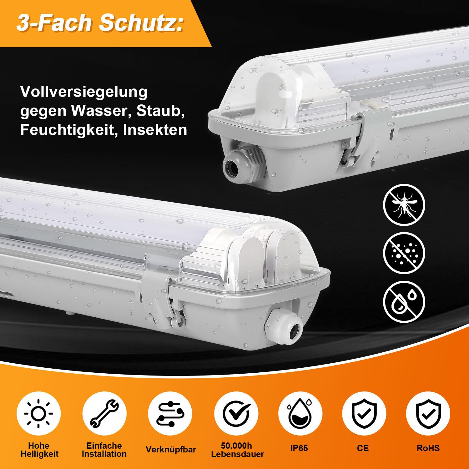 6er Set 120cm LED Feuchtraumleuchte, IP65 Wannenleuchte Gehäuse inkl. 18W T8 Röhren (1800lm), 4000K Neutralweiß, Deckenlampe für Garage & Werkstatt