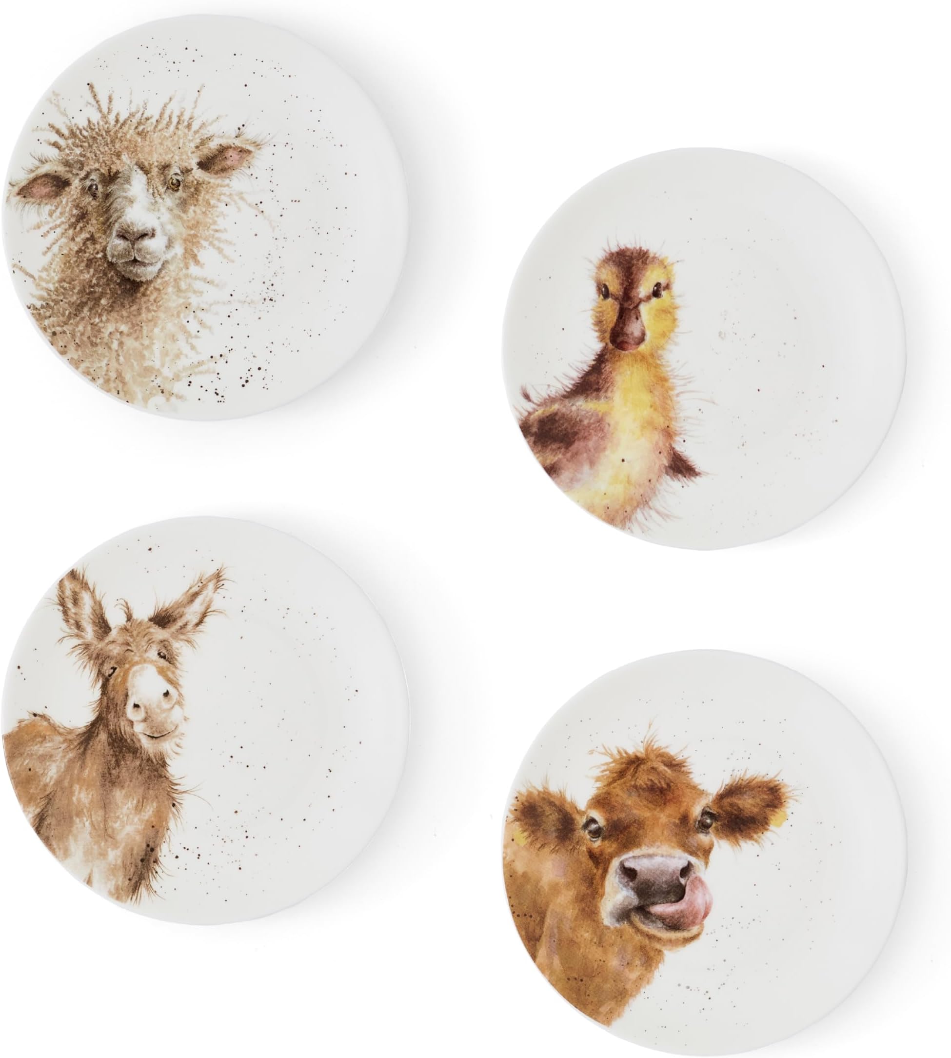 RW WN4093-XW Royal Worcester Wrendale Designs China Tea Coupe Plates Featuring Ewe, Gentle Jack and Just Hatched-Set of 4, Ceramic, White