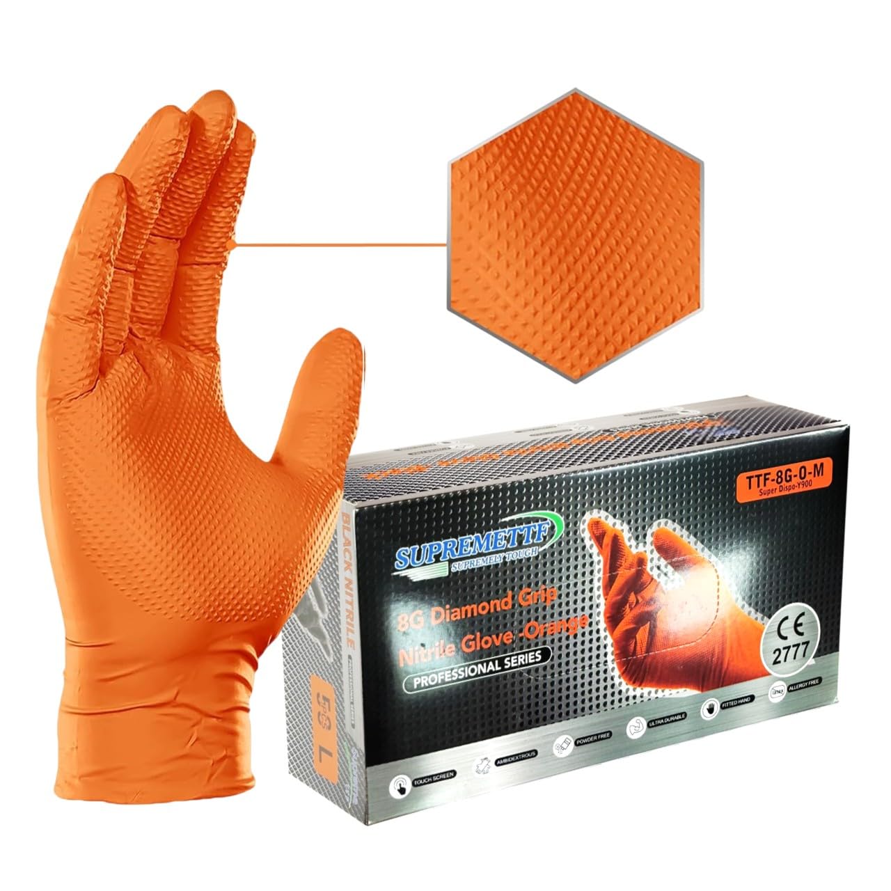 8 Mil Nitrile Disposable Diamond Grip Gloves, Heavy-Duty, Latex & Powder Free, Food Safe, Extra Thick For Mechanic Automotive Oil Work (Orange, XXL [Size 11])