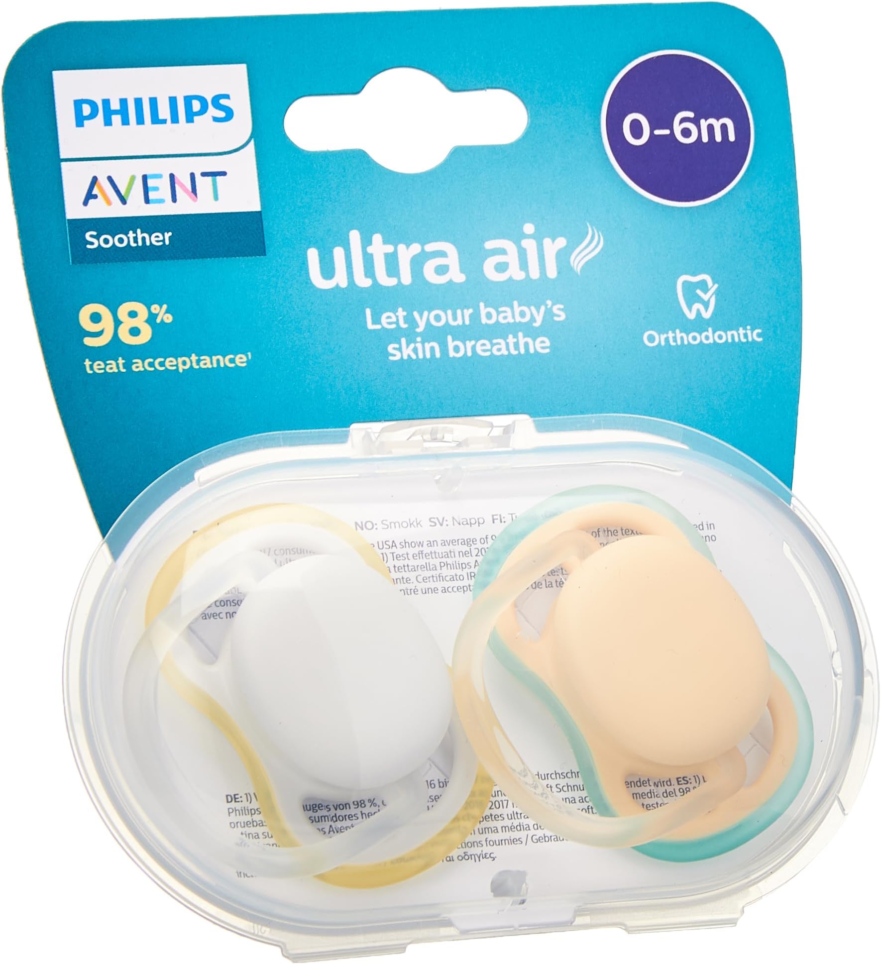 Philips Avent Ultra Air Pacifier 2 Count (Pack of 1) - BPA-Free Dummy for Babies from 0-6 Months (Model SCF085/15) Green/Brown
