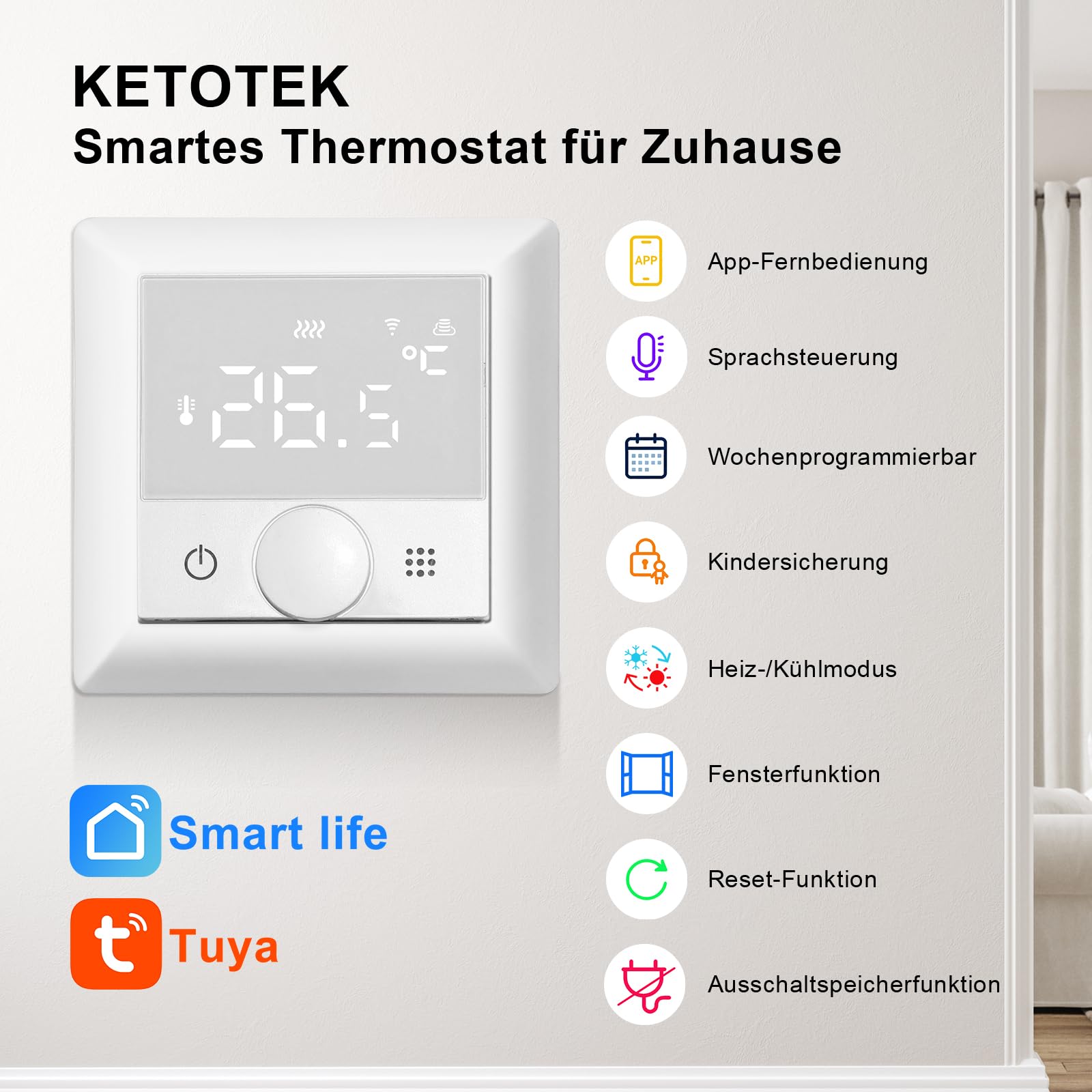 KETOTEK WiFi Smart Thermostat für Elektrische Fußbodenheizung | für Fussbodenheizung, 16A 230V Digital Wand Raumthermostat, Kompatibel mit Amazon Alexa, Smart Life/Tuya APP Fernsteuerung