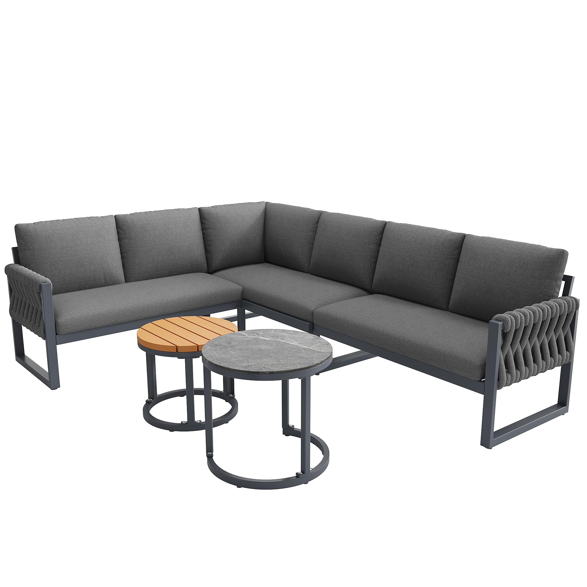 Juego de muebles de jardín con patas ajustables, cojines impermeables y desmontables, juego de salón de jardín para 5-6 personas, modular para balcón, jardín y terraza, incluye todos los cojines de