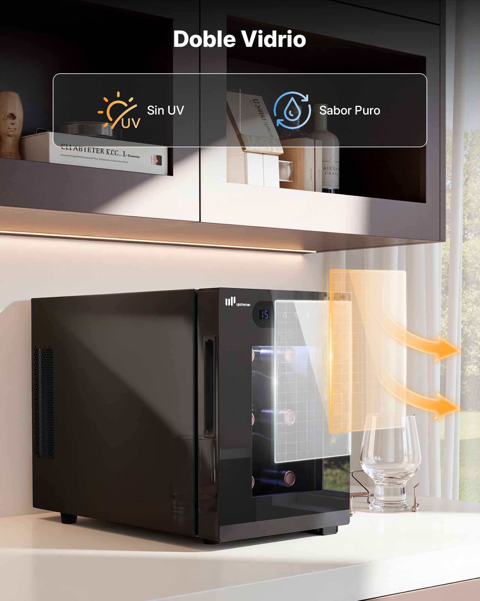 Upstreman Vinoteca para 6 botellas, 5-18 °C ajustable, pantalla táctil digital, silenciosa, doble cristal térmico anti-UV, iluminación LED | 5-18 °C ajustable, pantalla táctil digital, silenciosa, doble cristal térmico anti-UV, iluminación LED