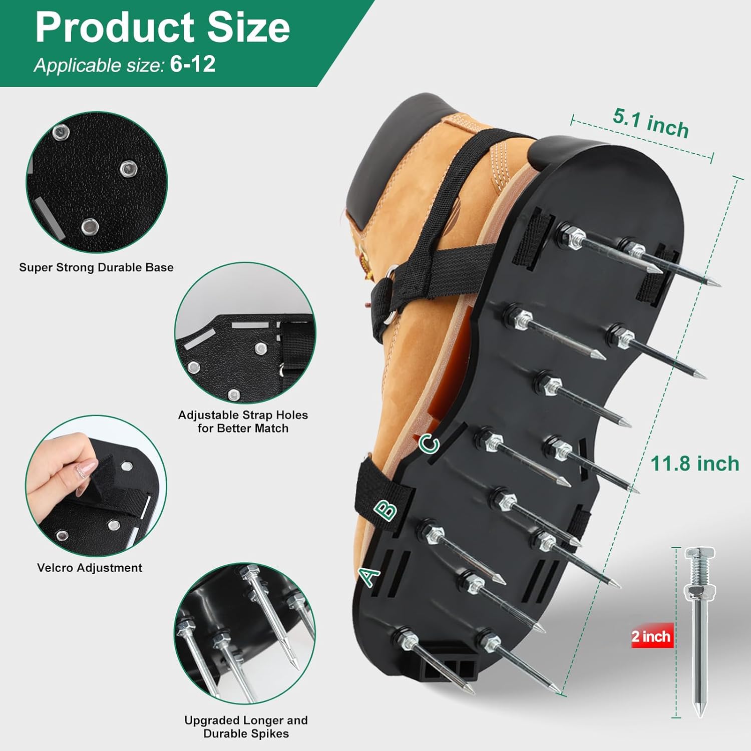 Lawn Aerator Shoes, Upgrade 2''Heavy Duty Spike Shoes with Hook&Loop Straps, Free-Installation Grass Aerator Lawn Tool One Size Fits All Spiked Sandals for Yard Patio Garden Grass (Green) — view 4