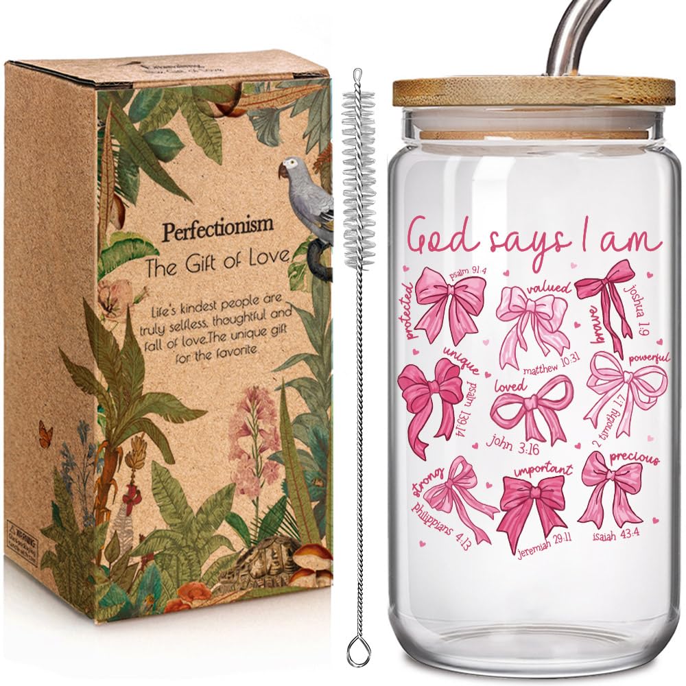 16OZ Pink Bow Glass Cup Christian Gifts for Women Girl Friend, God Says I Am Christian Scripture Prayer, Inspirational Religious Gifts for Her, Coquette Bow Bible Verse Gift for Birthday Christmas