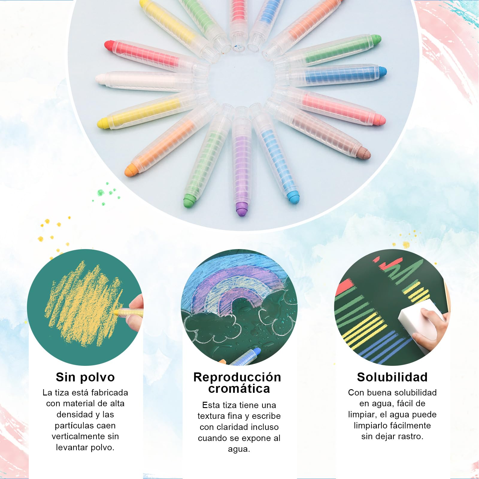 Scettar 16 Pcs Tizas Sin Polvo, Colores para Pizarra Borrables y Lavables, No Tóxicas, Solubles en Agua, para Escuela, Oficina y Hogar