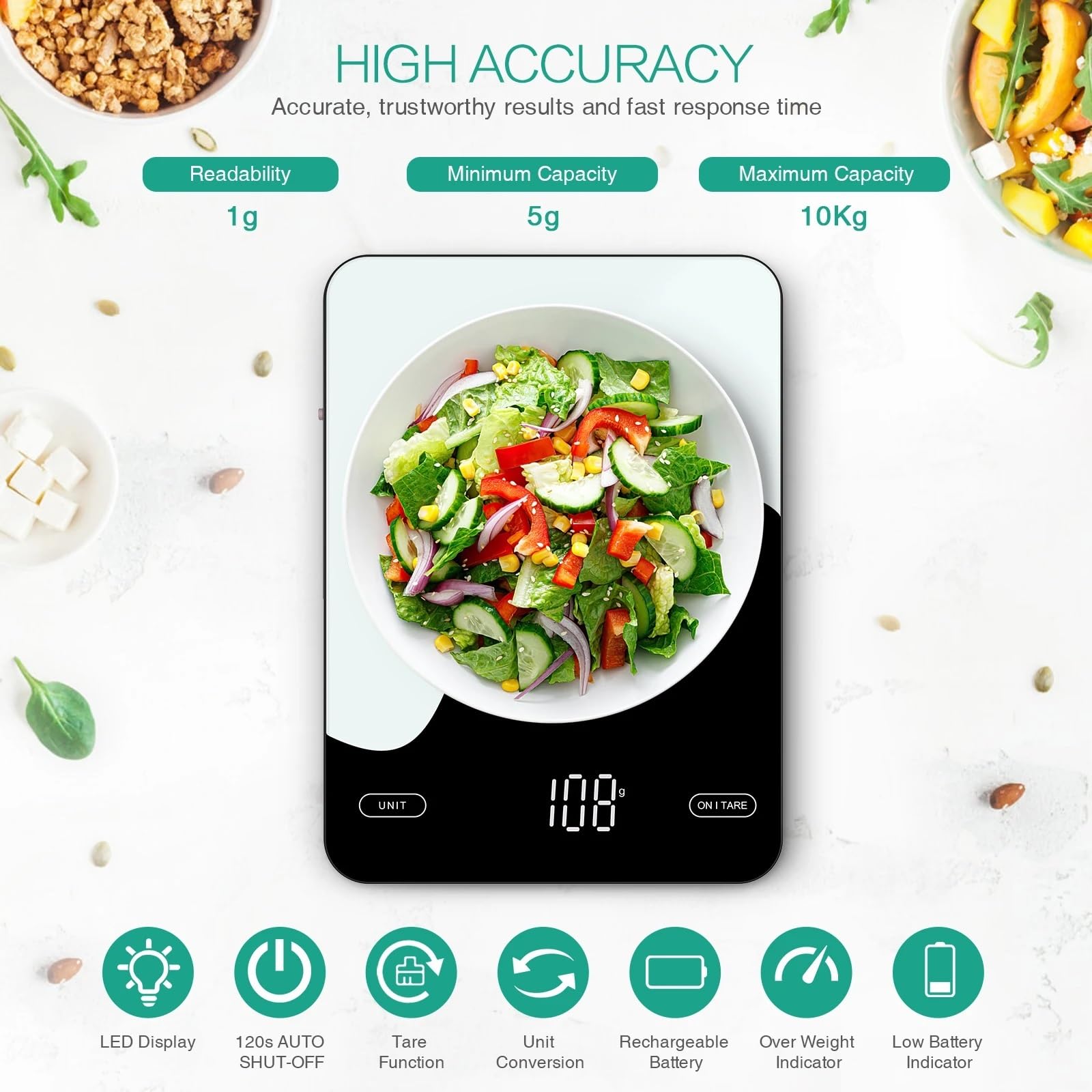 Balance Cuisine Balance alimentaire numérique 10kg balances de cuisine intelligentes avec calculatrice nutritionnelle APP balance gramme Rechargeable for cuisson perte poids