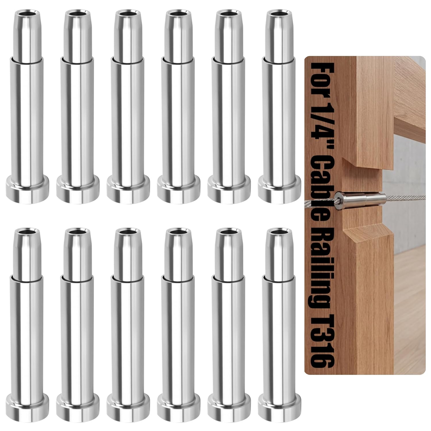 1/4" Stainless Steel Invisible T316 Cable Railing Hardware - Hidden Receivers & Swage Stud Ends for 1/4" Cable Railings Deck Railing, Wood & Metal Posts, Multiple Pack Sizes Available