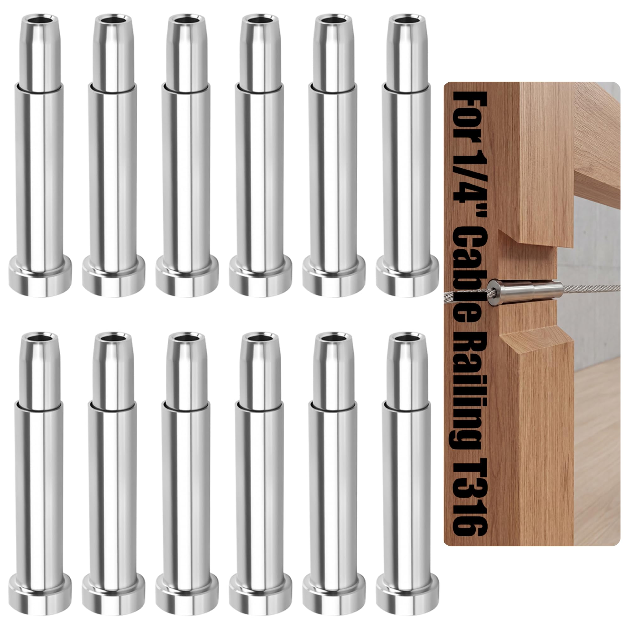Photo 1 of 1/4" Stainless Steel Invisible T316 Cable Railing Hardware - Hidden Receivers & Swage Stud Ends for 1/4" Cable Railings Deck Railing, Wood & Metal Posts, Multiple Pack Sizes Available