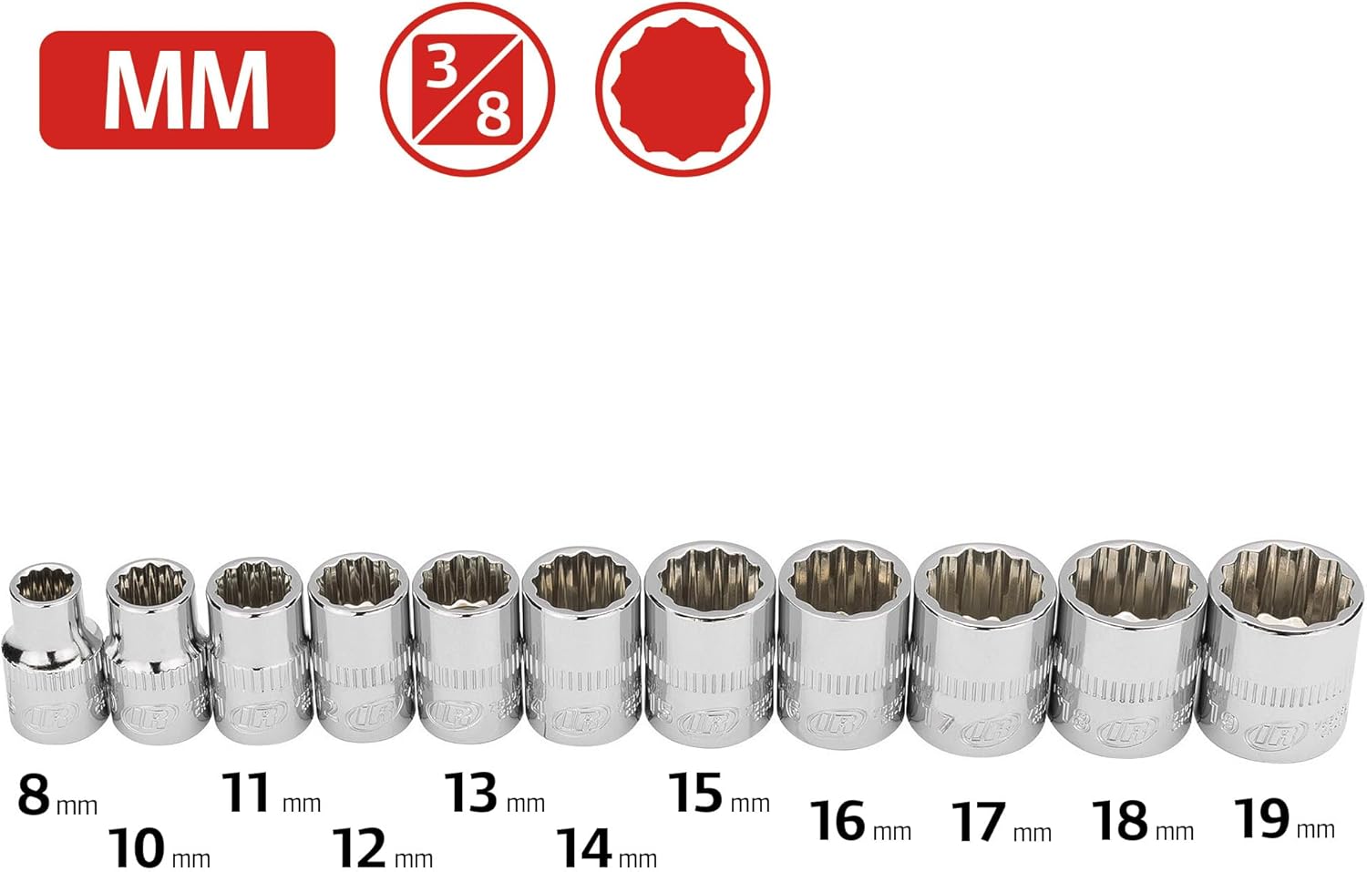 Ingersoll Rand 11-Piece 3/8-Inch Drive Metric Shallow Socket Set, 12-Point (8–19mm), Chrome Vanadium Steel, Mirror-Polish Finish, with Thermoform Organizer Tray – 752047X