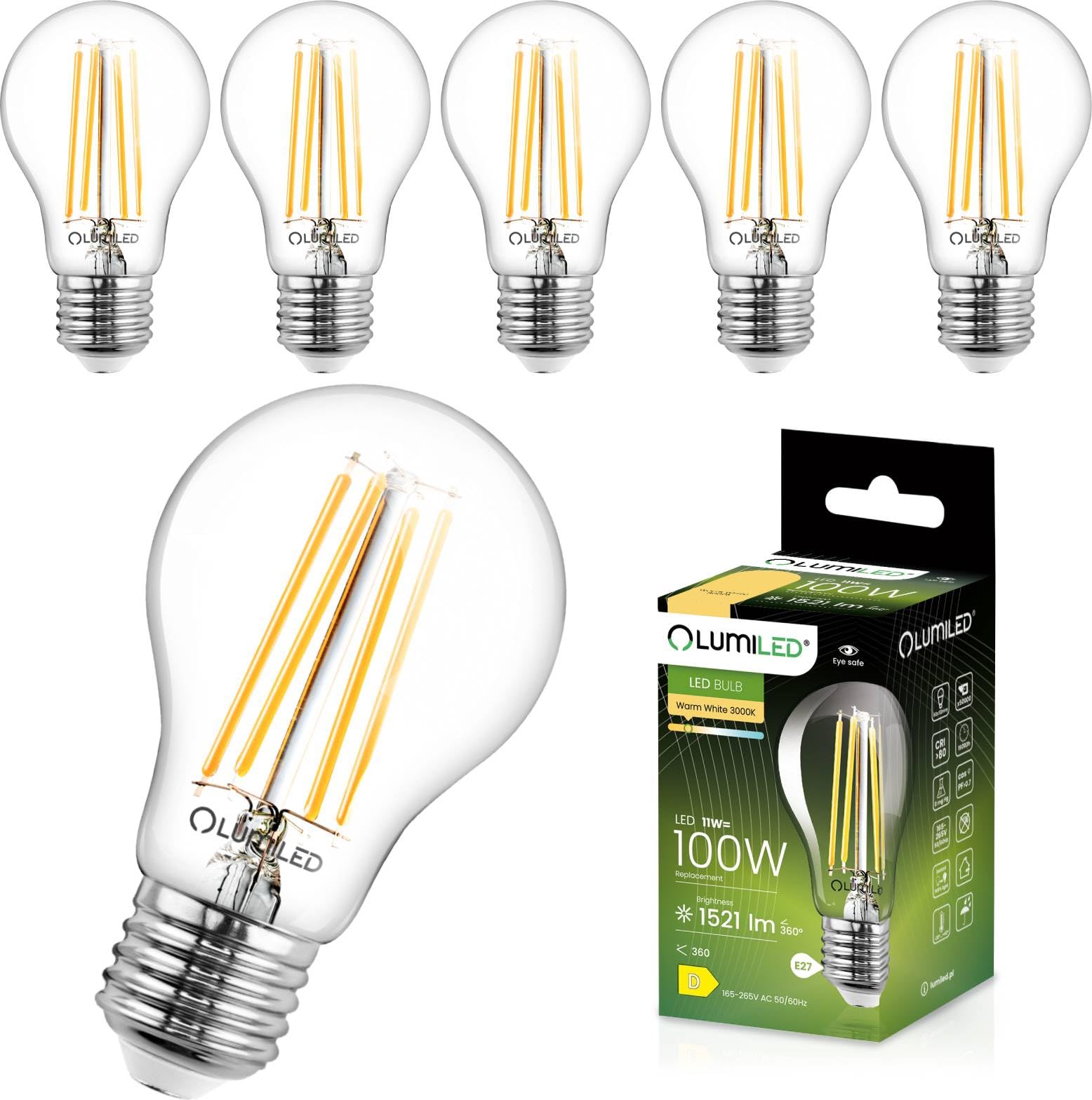 Lumiled A60 E27 LED Lampen 6 Stück, 11W (ersetzt 100W), 1521 lm Classic klares Filament, transparent Leuchtmittel, E27 Sockel 3000K Warmweiß Birne Lampe, 360° Abstrahlwinkel Glühbirne vintage