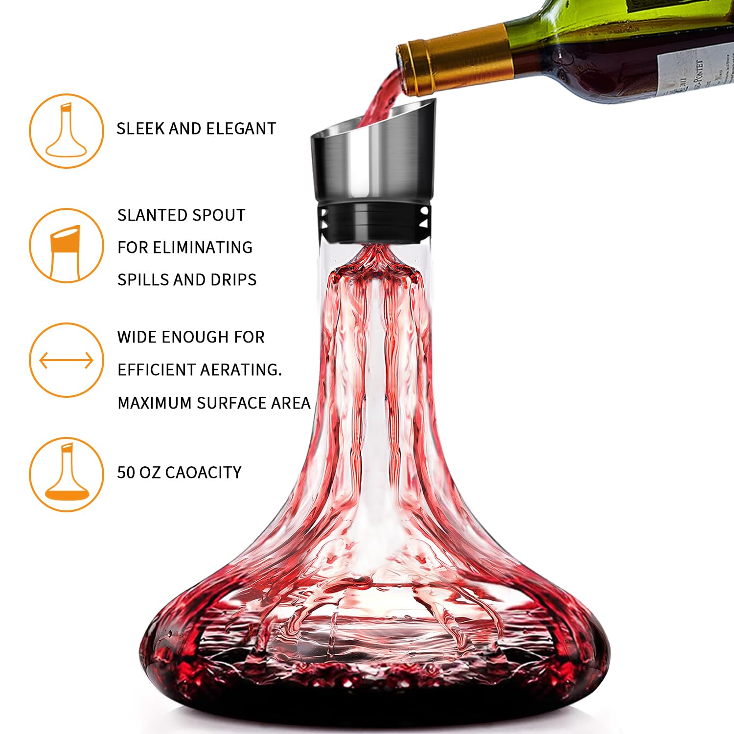 Decantador de vino con aireador integrado, jarra de vino con aireador, cuentas de limpieza y bola de corcho, aireador de vino tinto 100% sin plomo, regalo de vino para hombres, accesorios de vino, 50